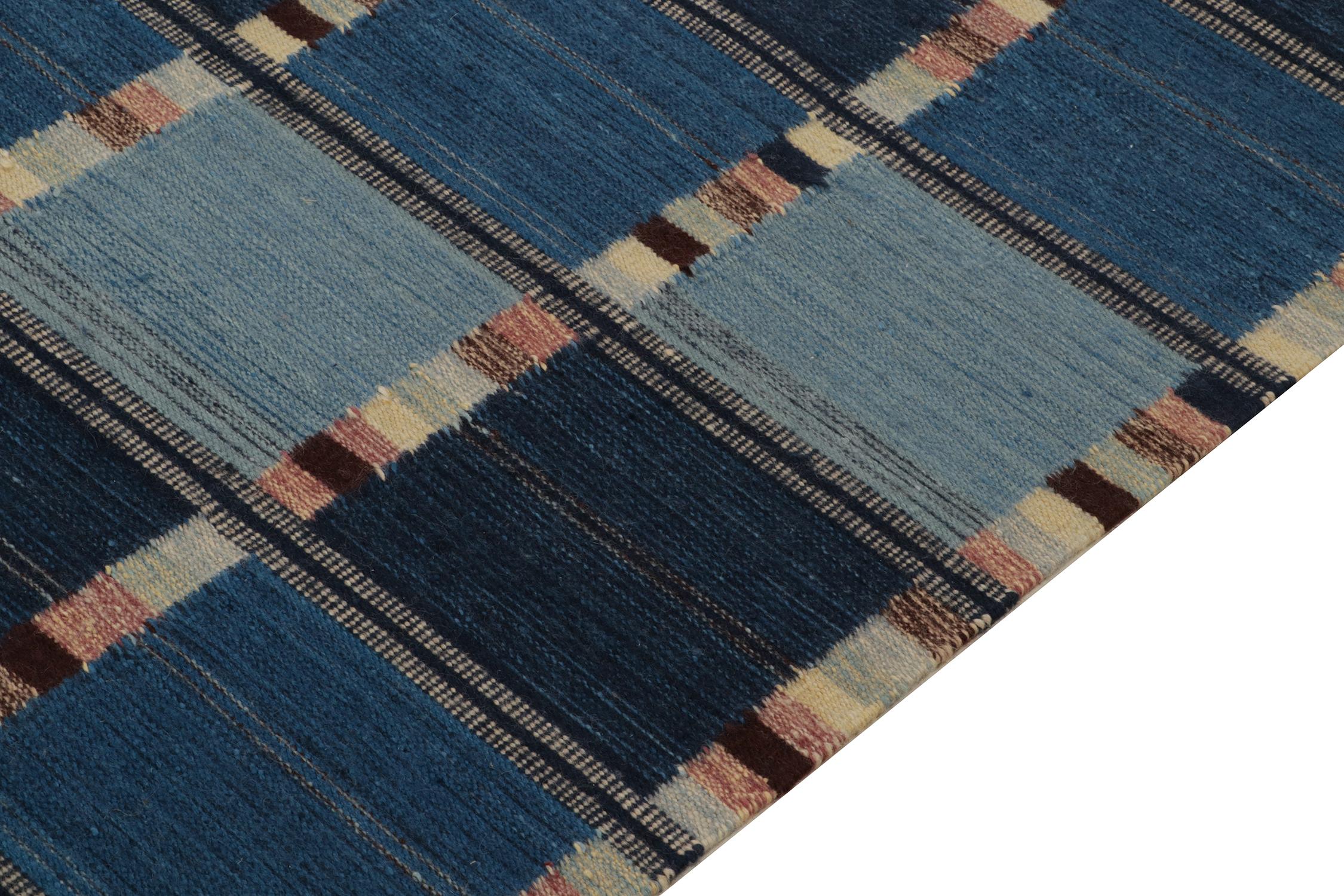 Hand-Knotted Rug & Kilim’s Scandinavian Style Kilim in Blue and Beige-Brown Geometric Pattern For Sale