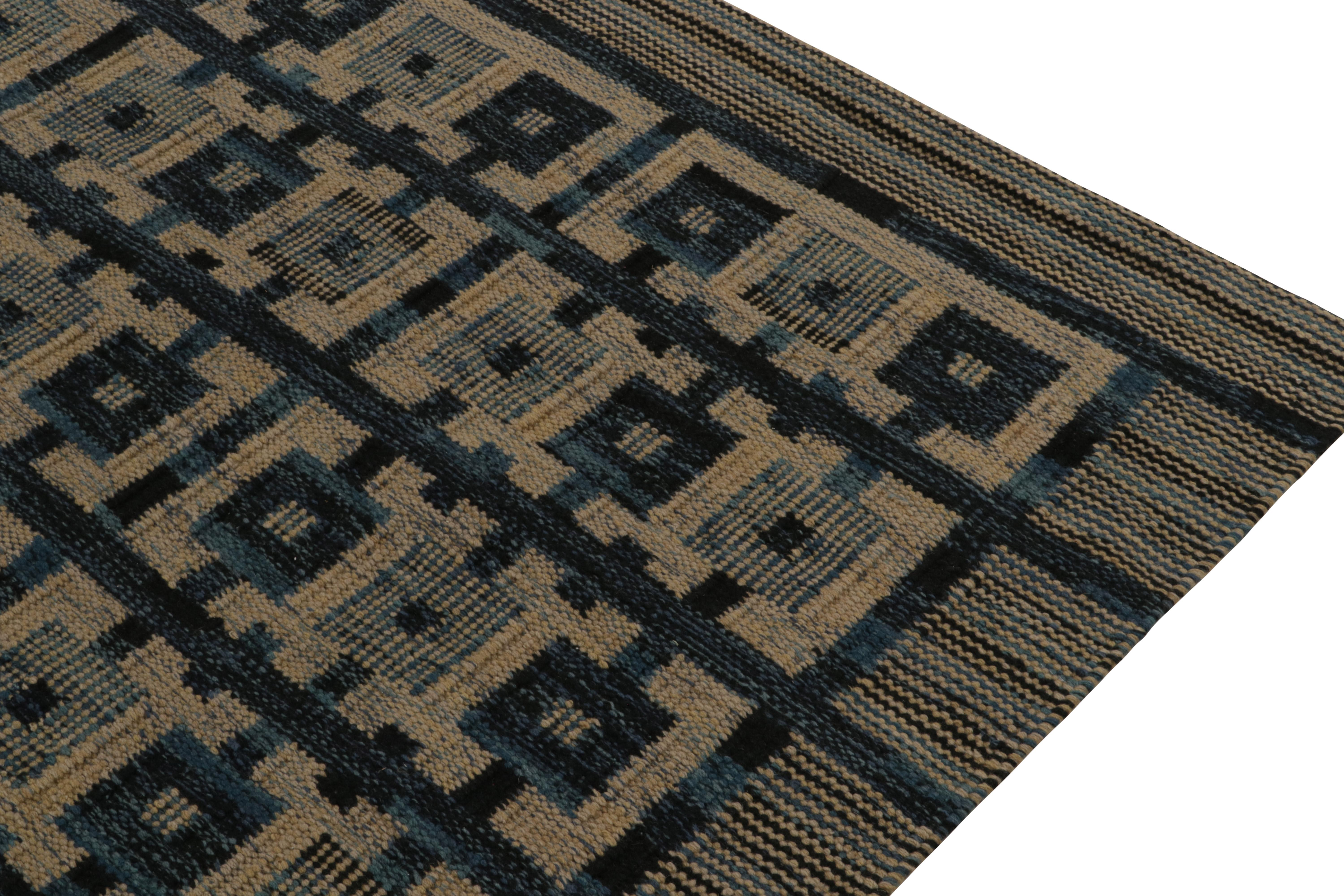 Hand-Knotted Rug & Kilim’s Scandinavian Style Kilim in Blue and Beige-Brown Geometric Pattern For Sale