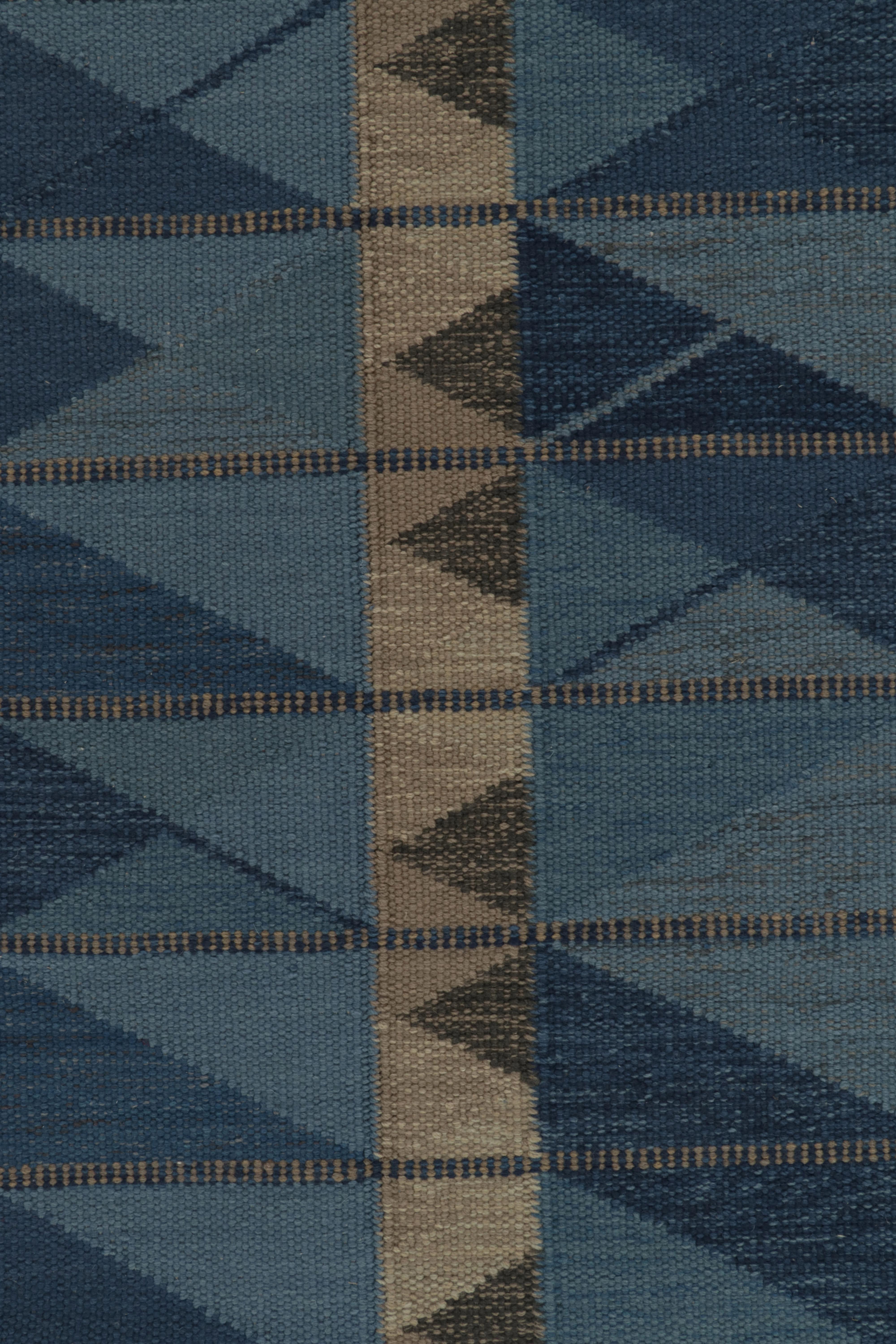 Rug & Kilim’s Scandinavian Style Kilim in Blue and Beige-Brown Geometric Pattern In New Condition For Sale In Long Island City, NY