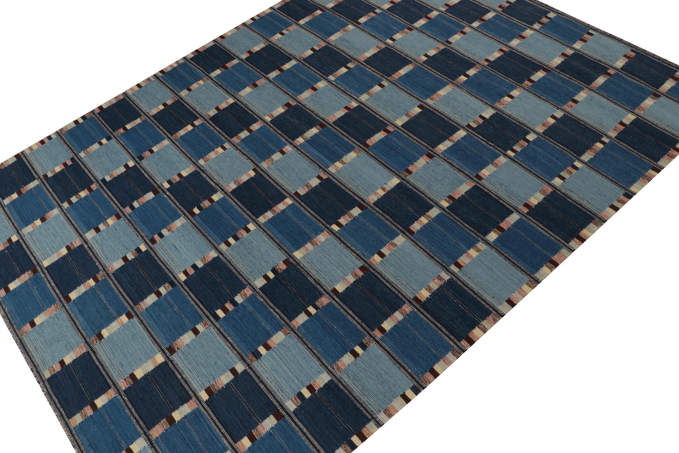 A smart 9x12 Swedish style kilim from our award-winning Scandinavian flat weave collection. Handwoven in wool. 
Further On the Design: 
This rug enjoys a defined movement with crisp geometric patterns in blue & beige-brown. Keen eyes will admire