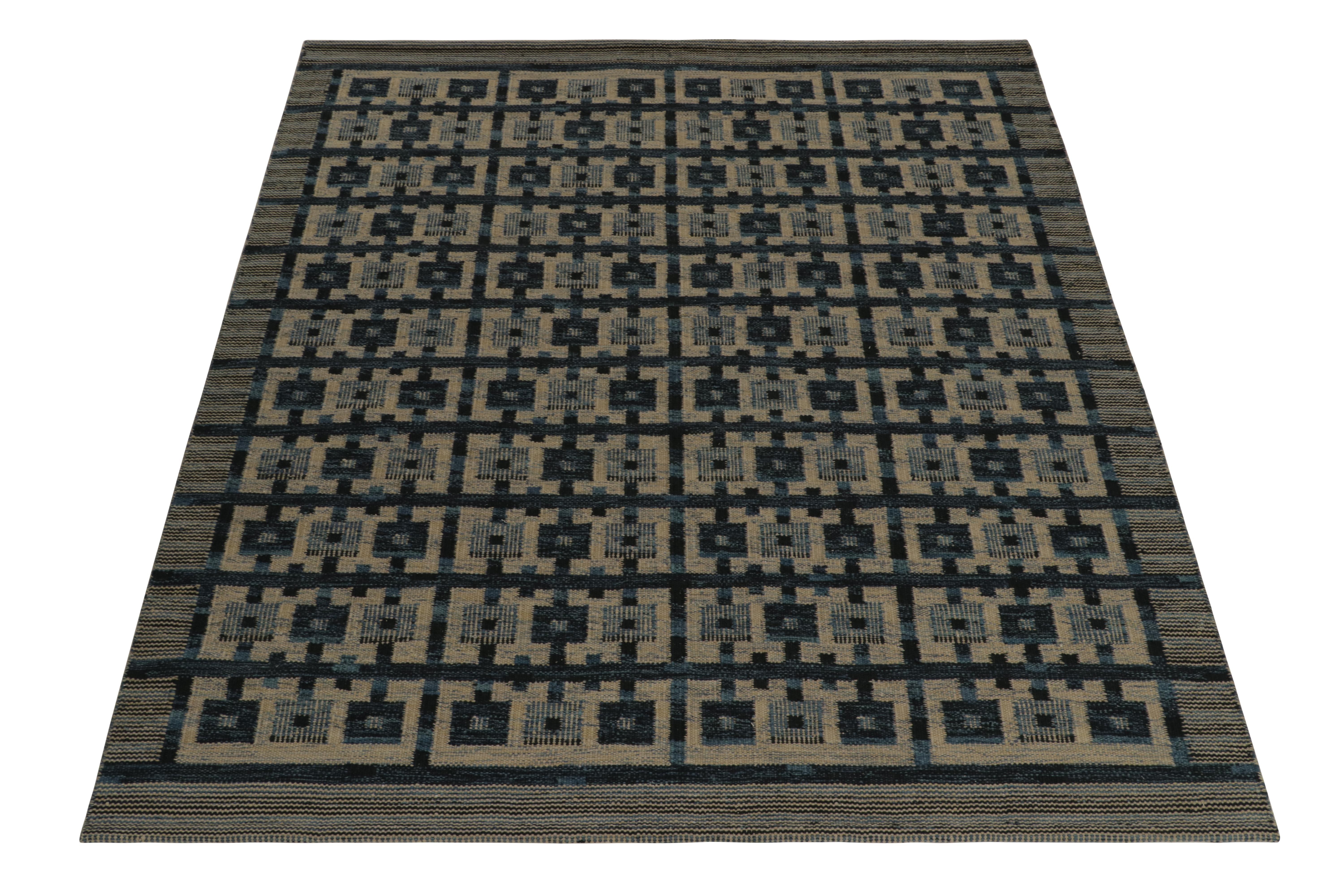 A smart 8x10 Swedish style kilim from Rug & Kilim’s award-winning Scandinavian flat weave collection. Handwoven in wool. 
Further On the Design: 
This rug enjoys a finely detailed geometric pattern with varied blues and beige with golden-yellow