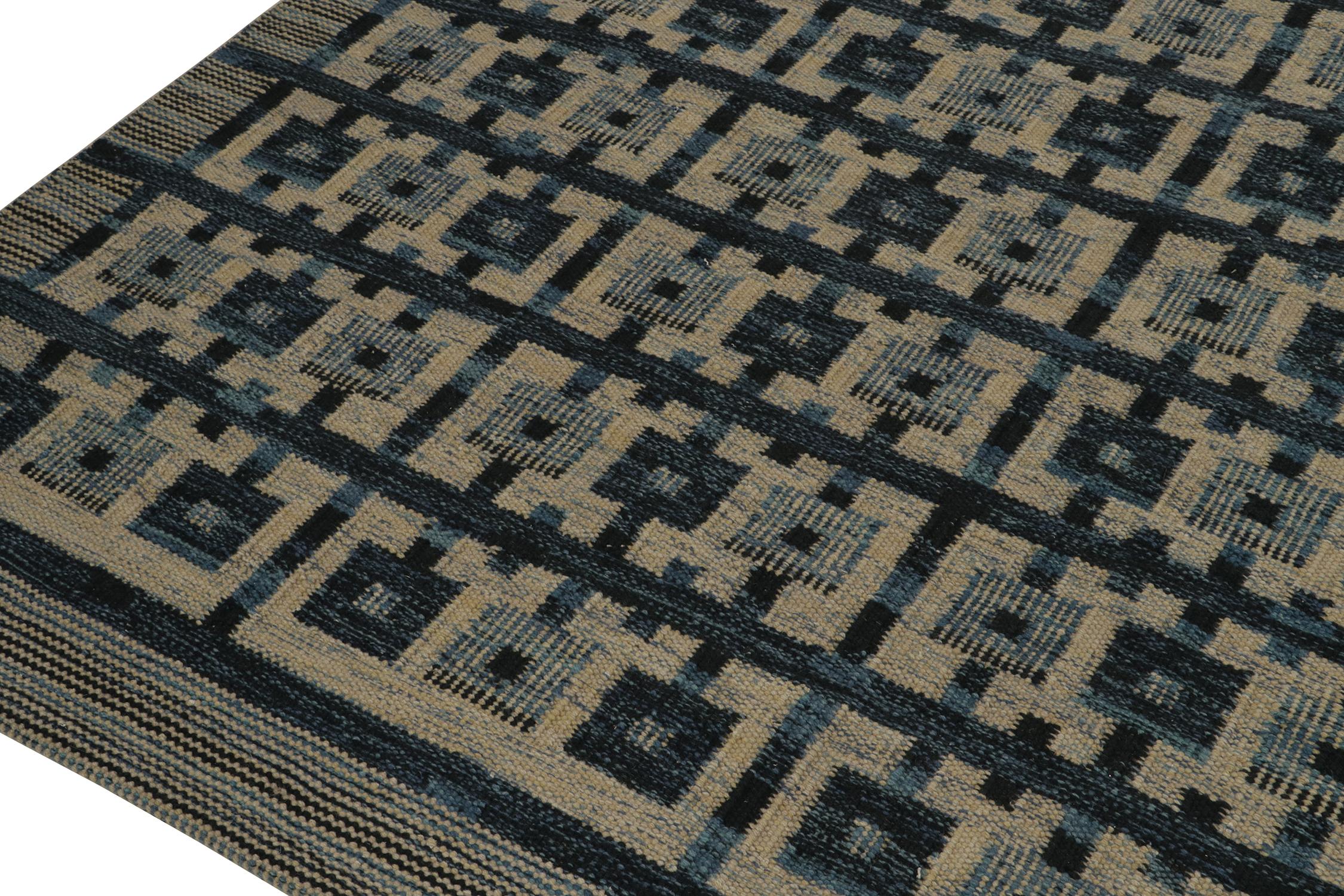 Hand-Knotted Rug & Kilim’s Scandinavian Style Kilim in Blue and Beige Geometric Pattern For Sale