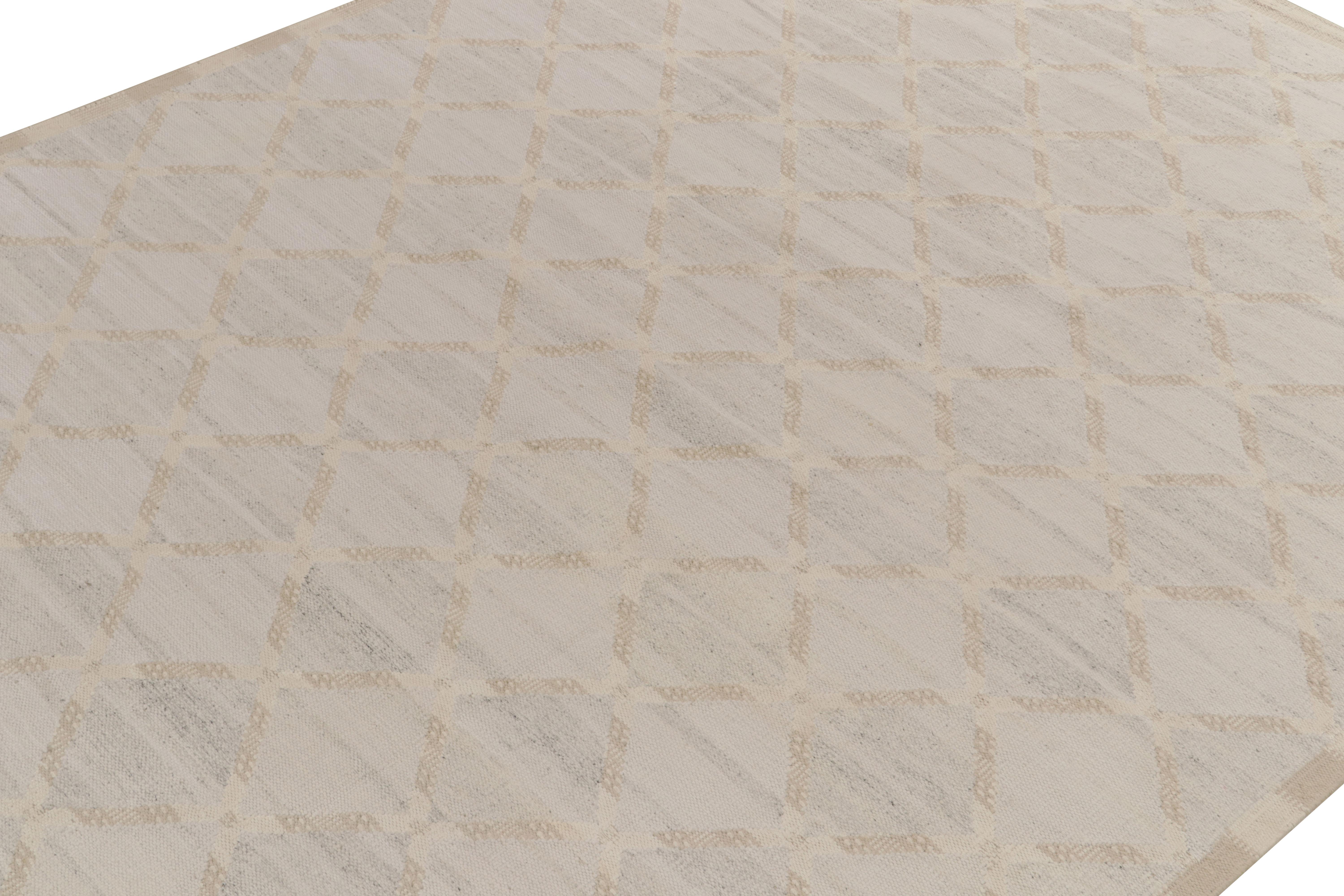 Indien Kilim de style scandinave à motif treillis bleu, beige et blanc de Rug & Kilim en vente