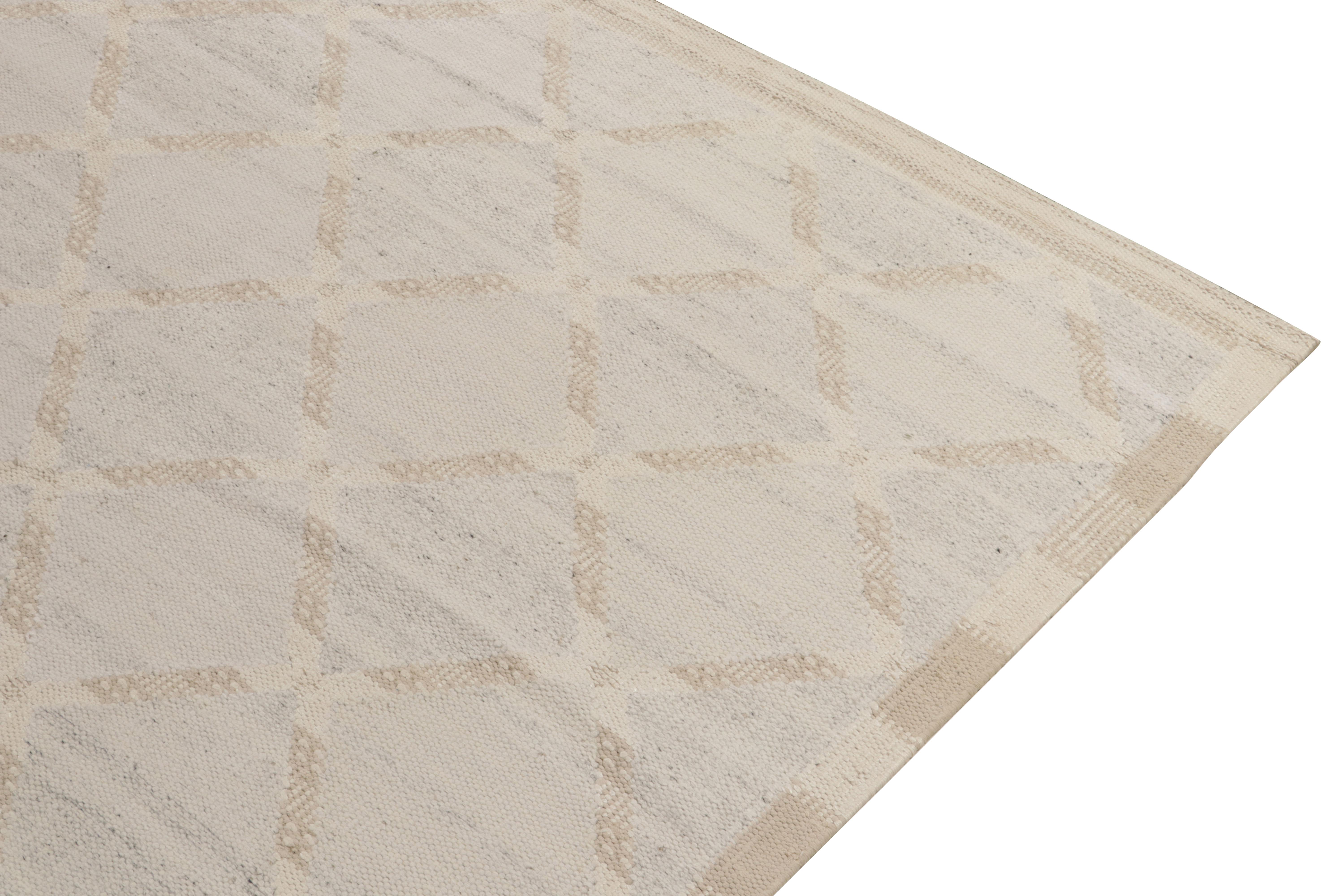 Hand-Knotted Rug & Kilim’s Scandinavian Style Kilim in Blue, Beige and White Trellis Pattern For Sale
