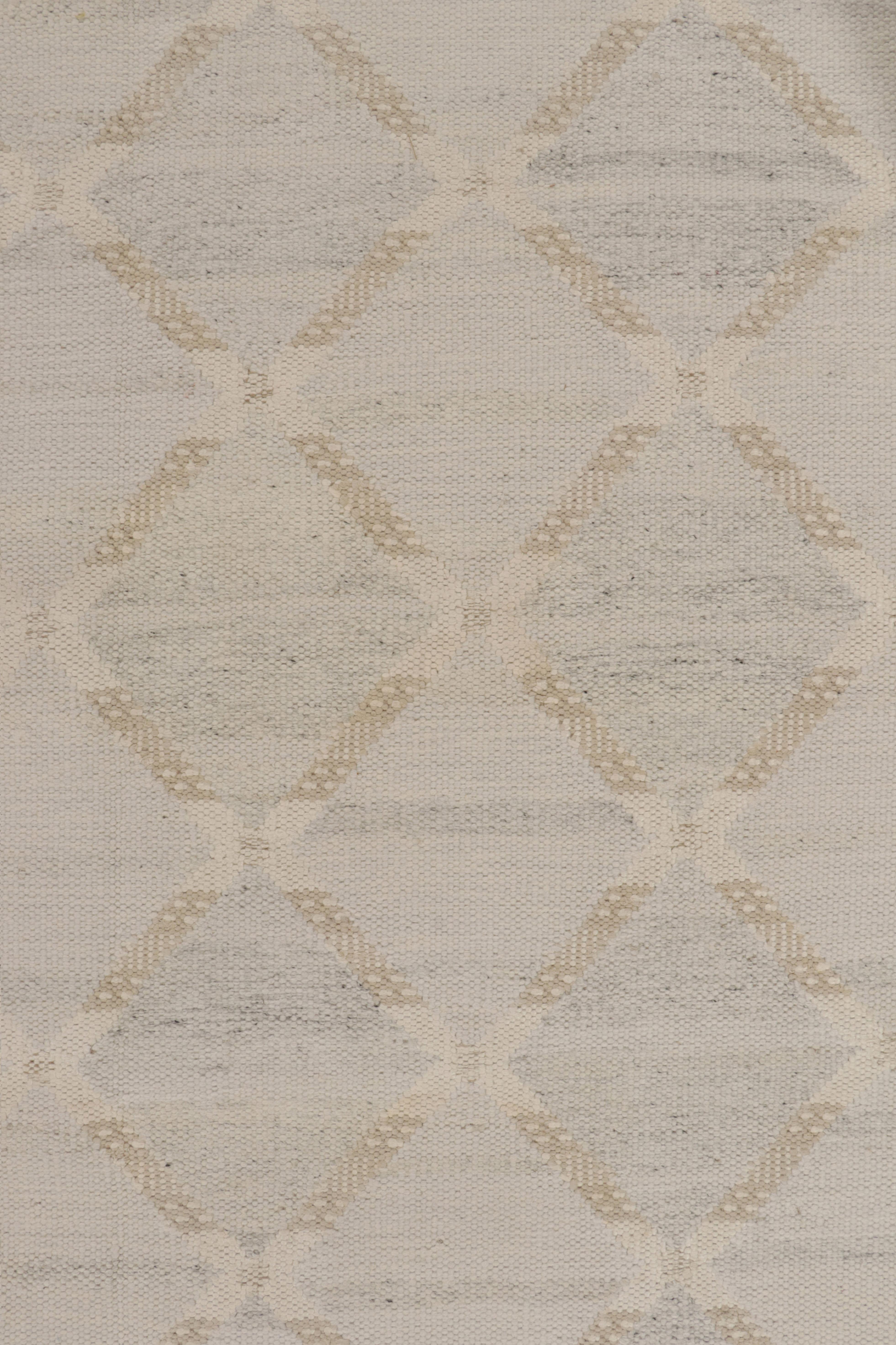 Hand-Knotted Rug & Kilim’s Scandinavian Style Kilim in Blue, Beige and White Trellis Pattern For Sale