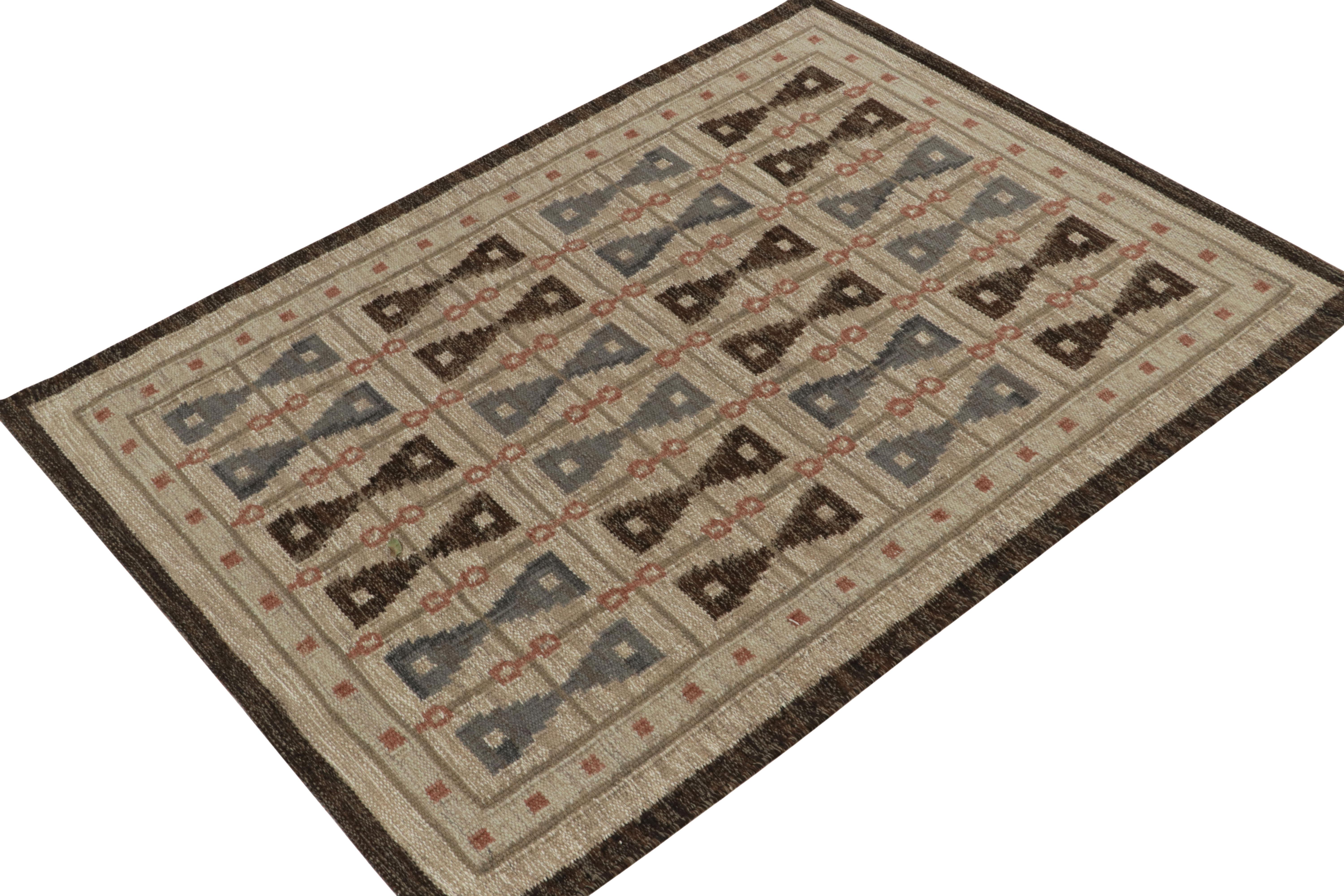 Reimagining Swedish sensibilities, this 5x7 Scandinavian Kilim enjoys a defined geometric pattern in gorgeous repetition, exemplified in rich play of earthy beige-brown with a gray-blue alternating graciously for lavish take in contemporary style.