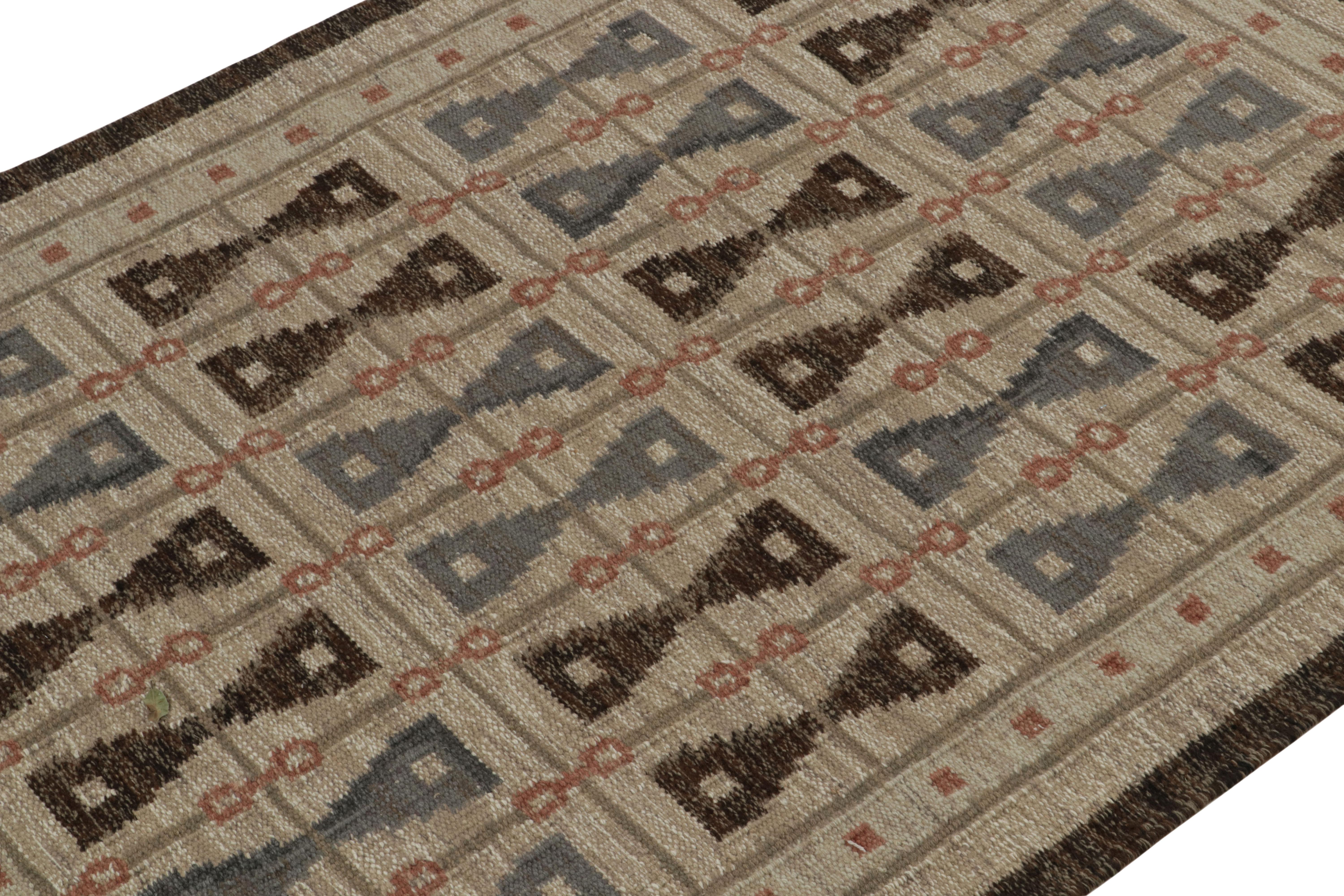 Hand-Knotted Rug & Kilim’s Scandinavian Style Kilim in Blue & Beige-Brown Geometric Pattern For Sale