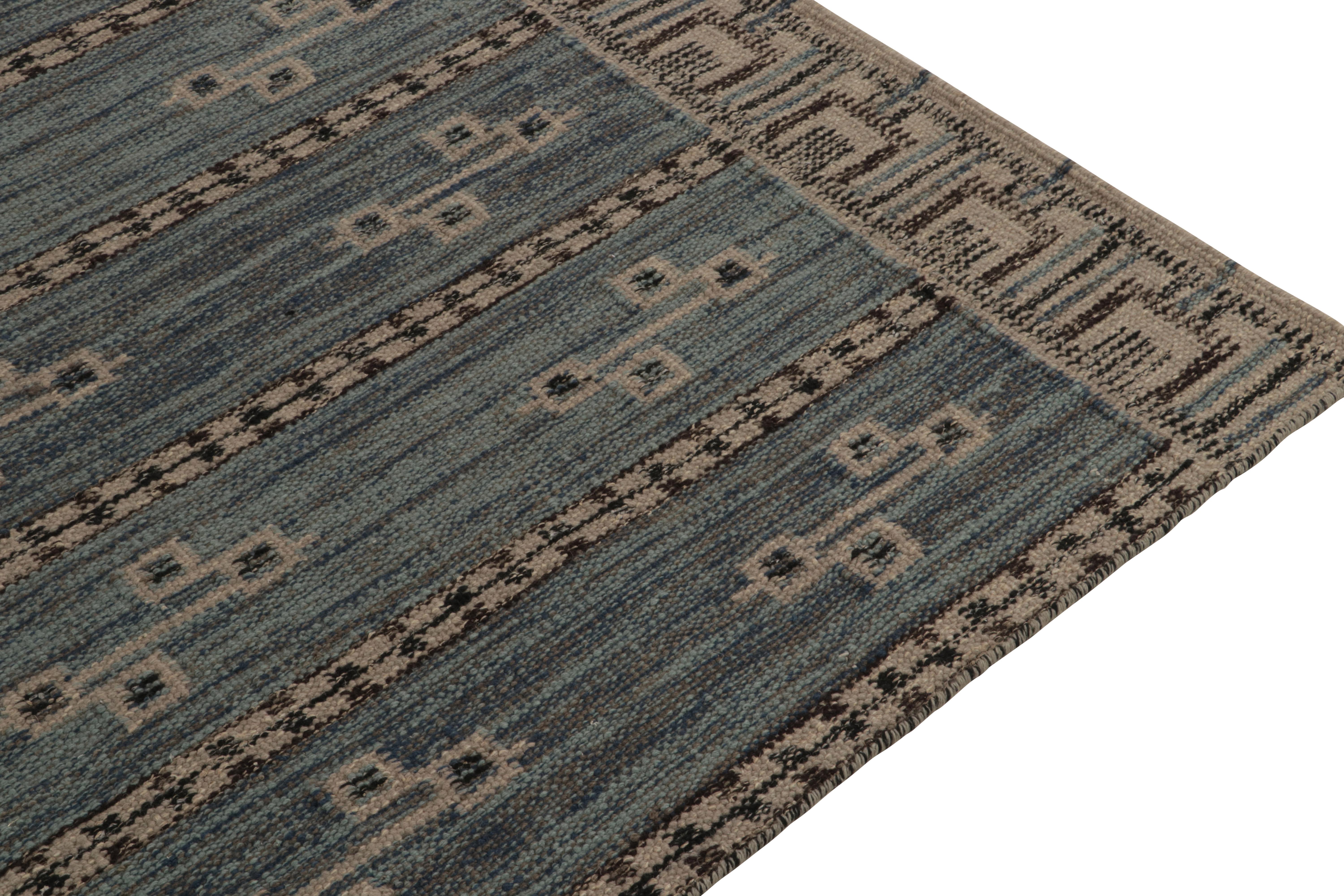 Hand-Knotted Rug & Kilim’s Scandinavian Style Kilim in Blue, Beige & Grey Geometric Patterns For Sale