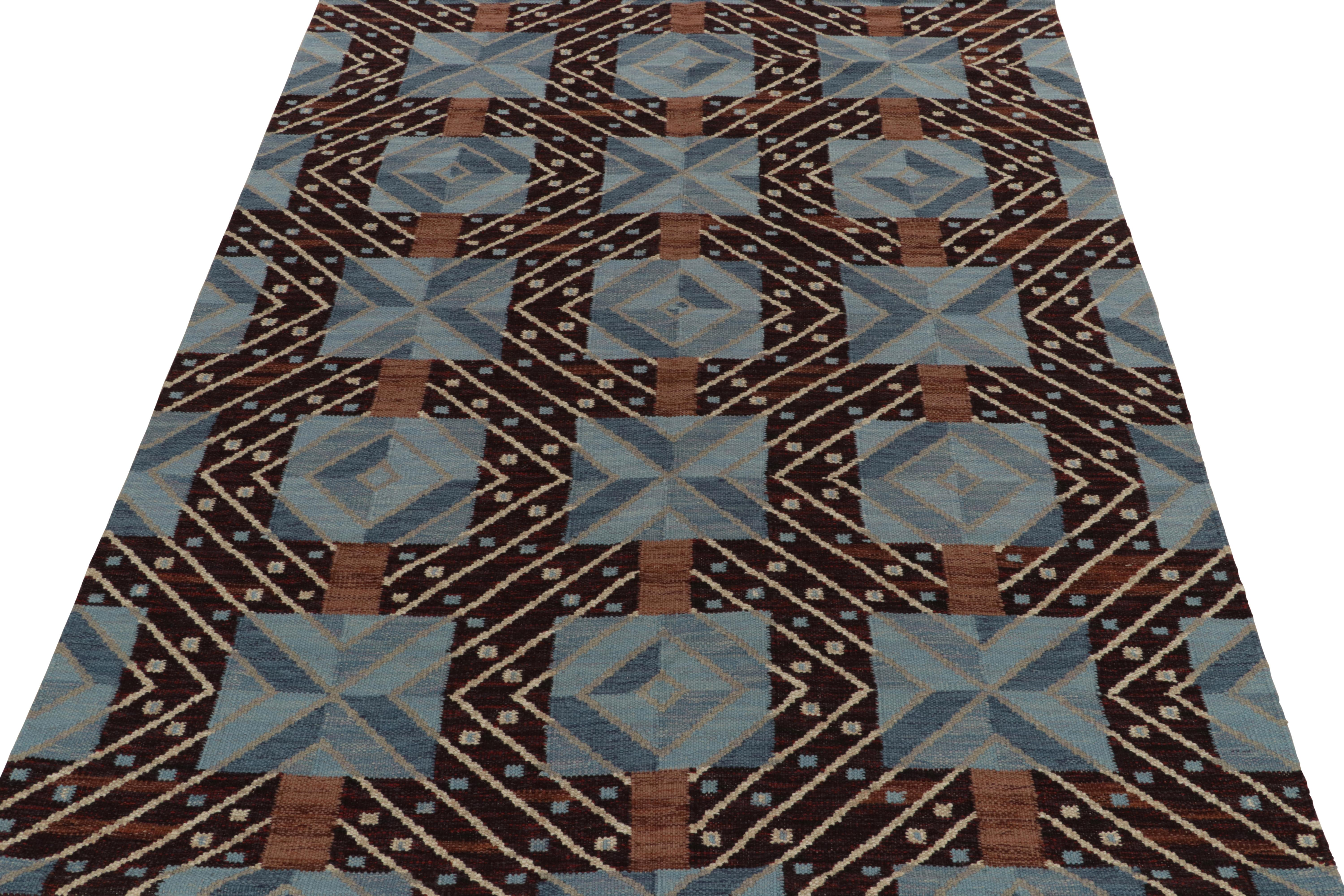 Scandinavian Modern Rug & Kilim’s Scandinavian Style Kilim in Blue & Brown Geometric Pattern