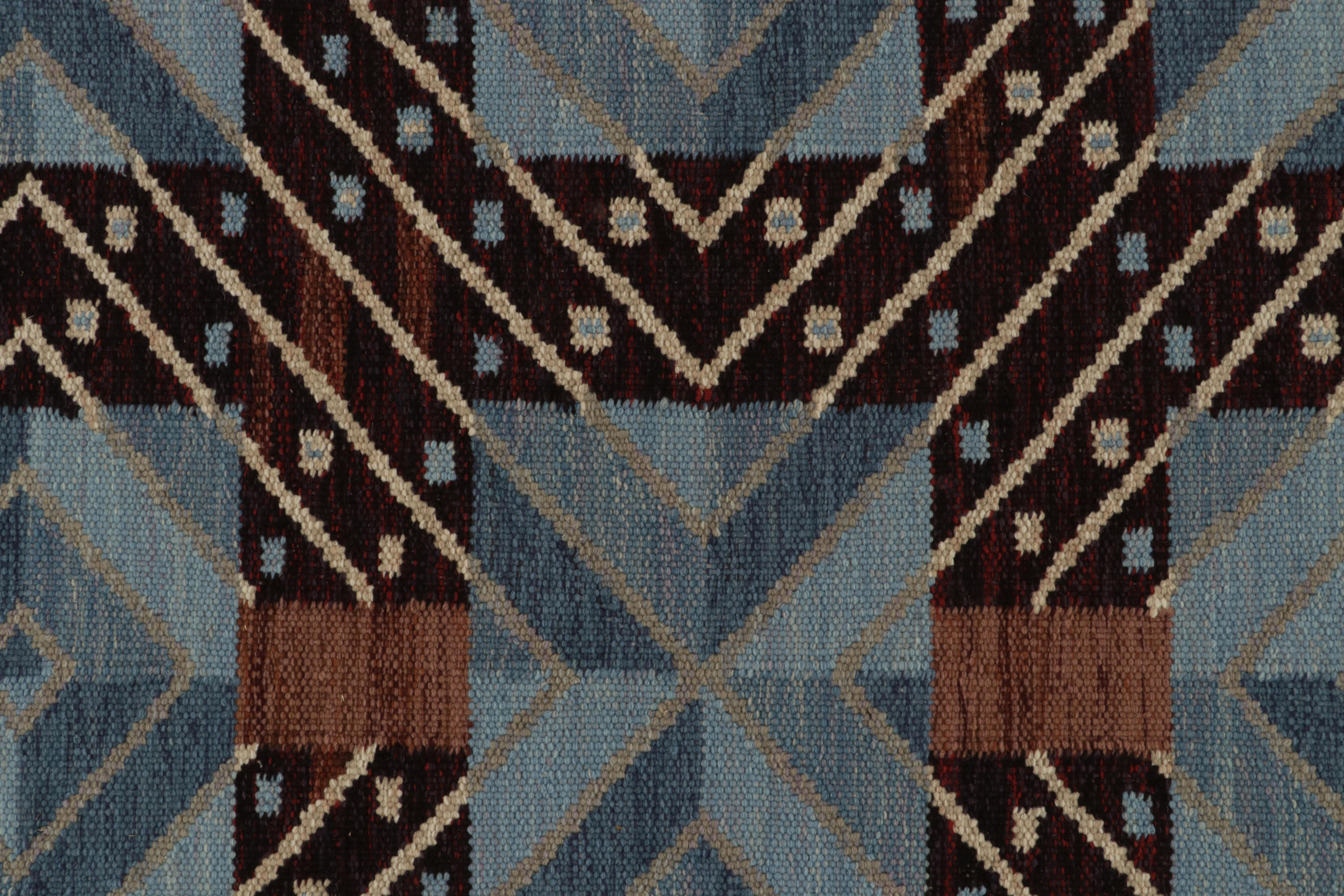 Hand-Knotted Rug & Kilim’s Scandinavian Style Kilim in Blue & Brown Geometric Pattern