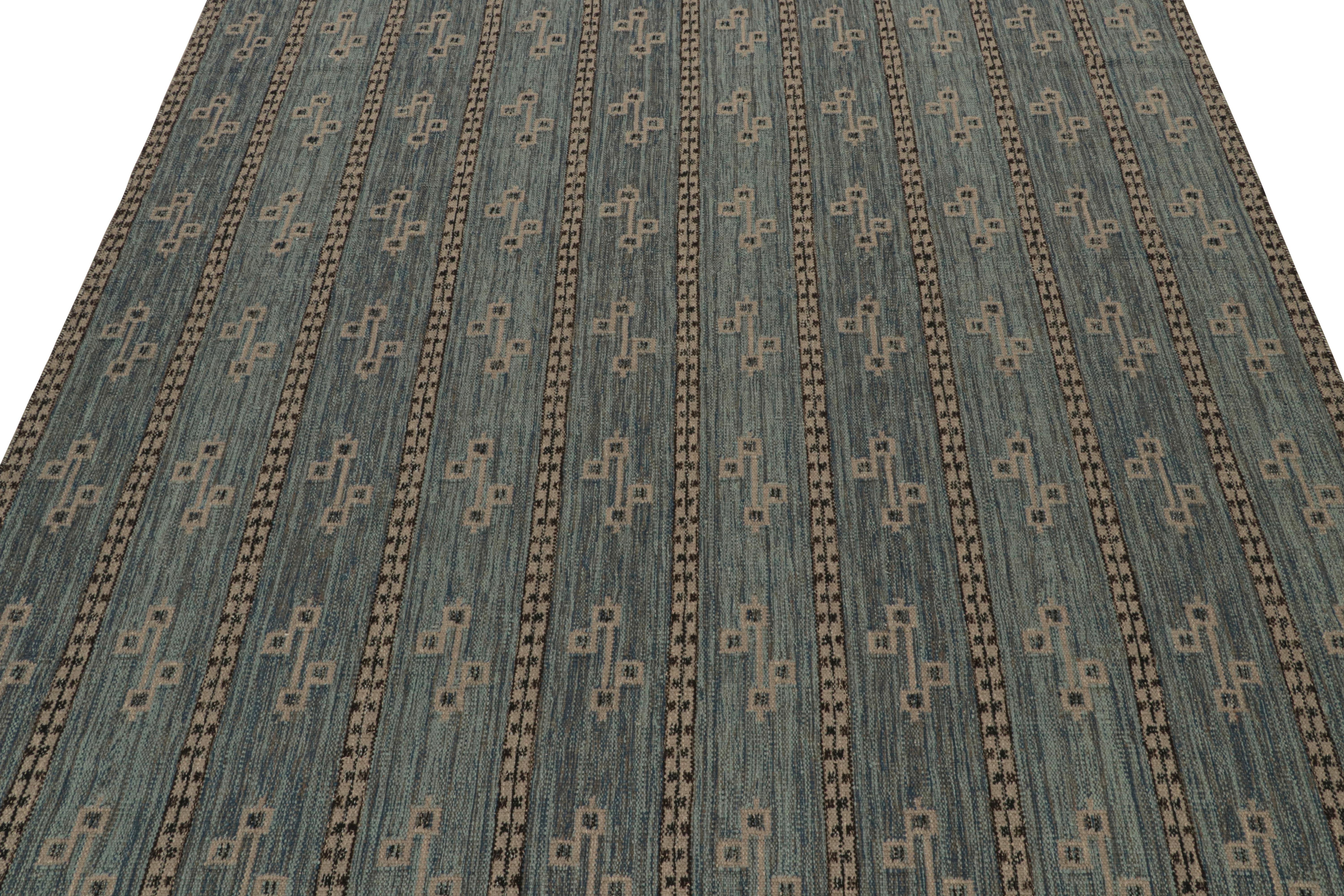 Modern Rug & Kilim’s Scandinavian Style Kilim in Blue, Gray & Black Geometric Patterns For Sale