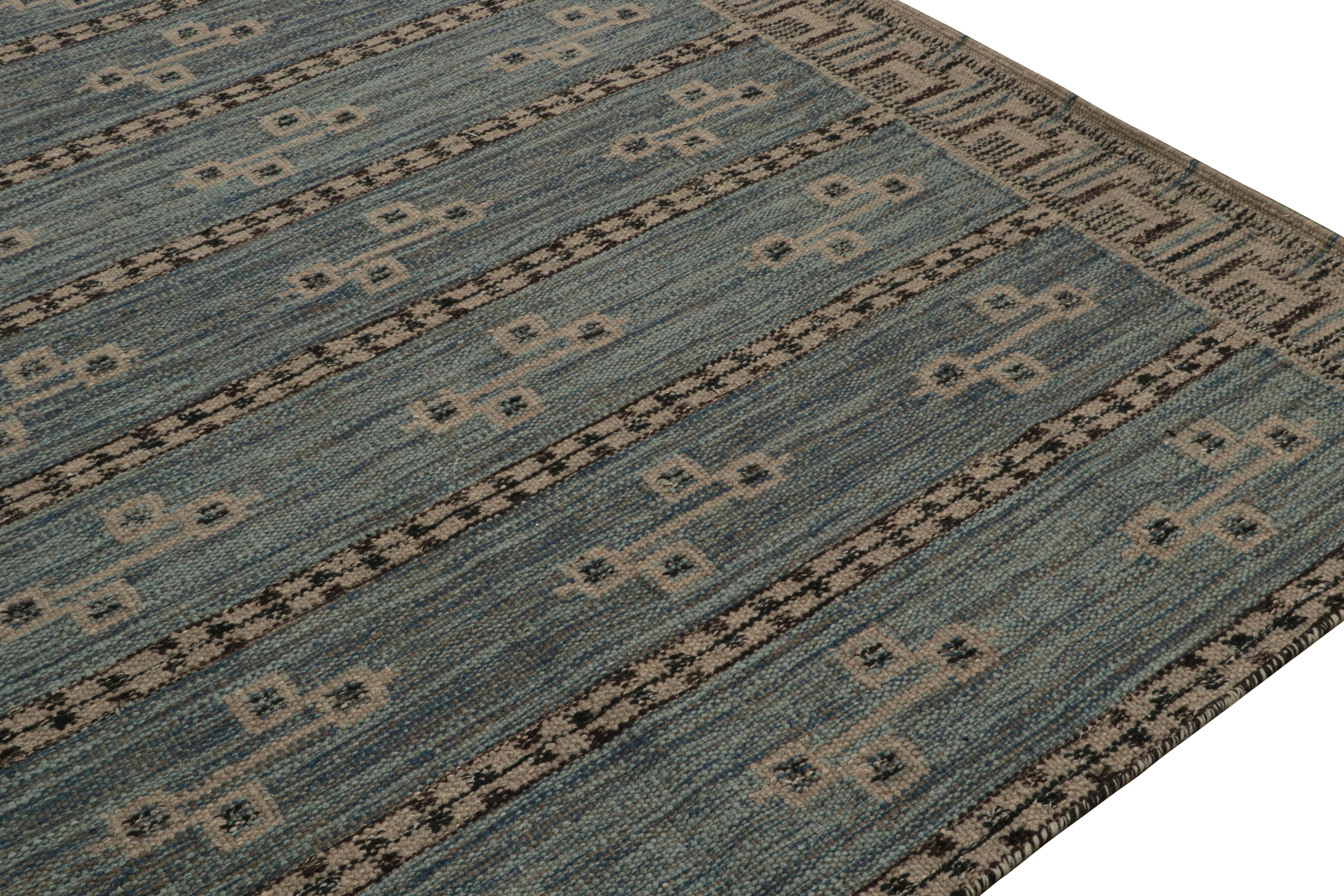 Hand-Woven Rug & Kilim’s Scandinavian Style Kilim in Blue, Gray & Black Geometric Patterns For Sale