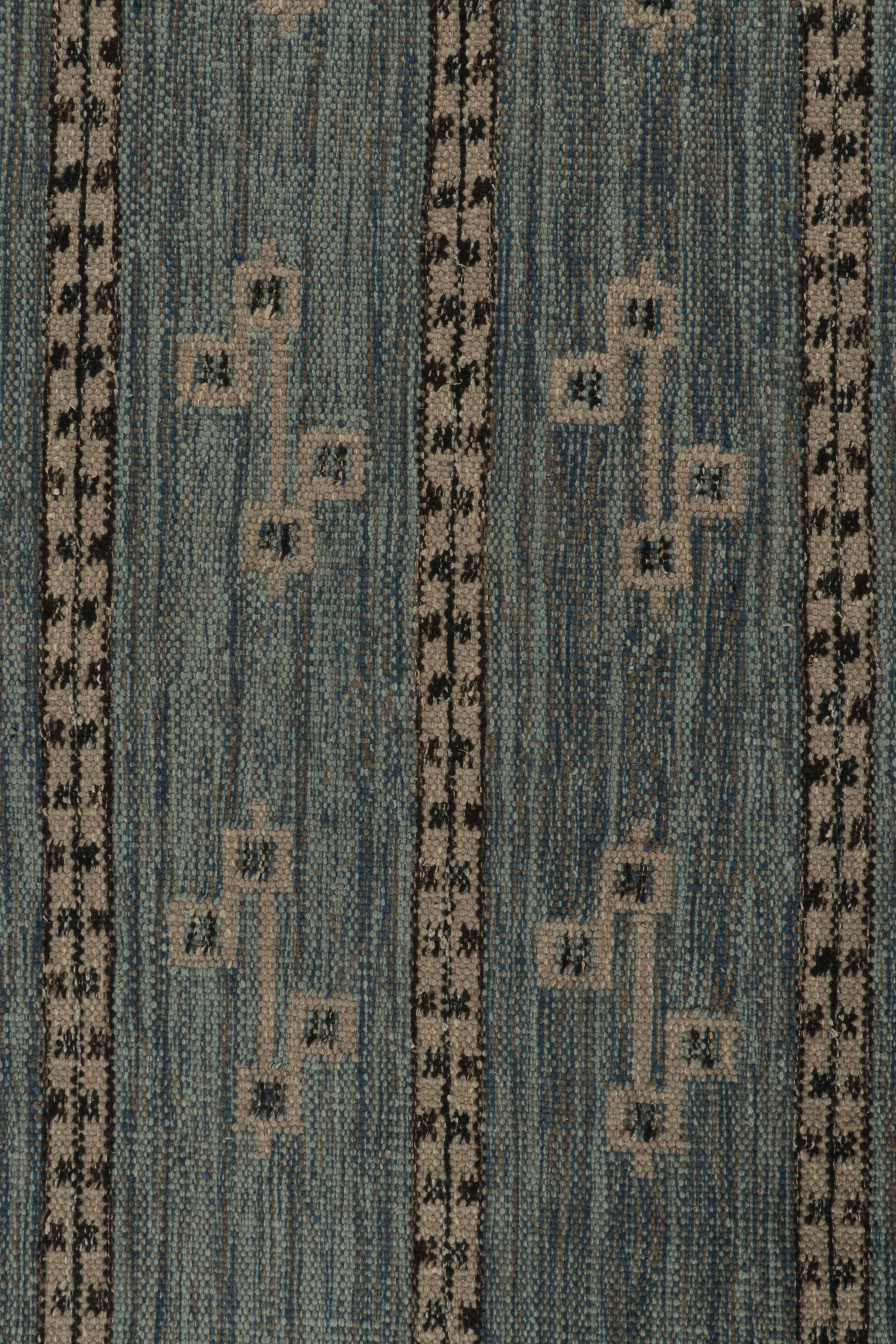 Rug & Kilim’s Scandinavian Style Kilim in Blue, Gray & Black Geometric Patterns In New Condition For Sale In Long Island City, NY