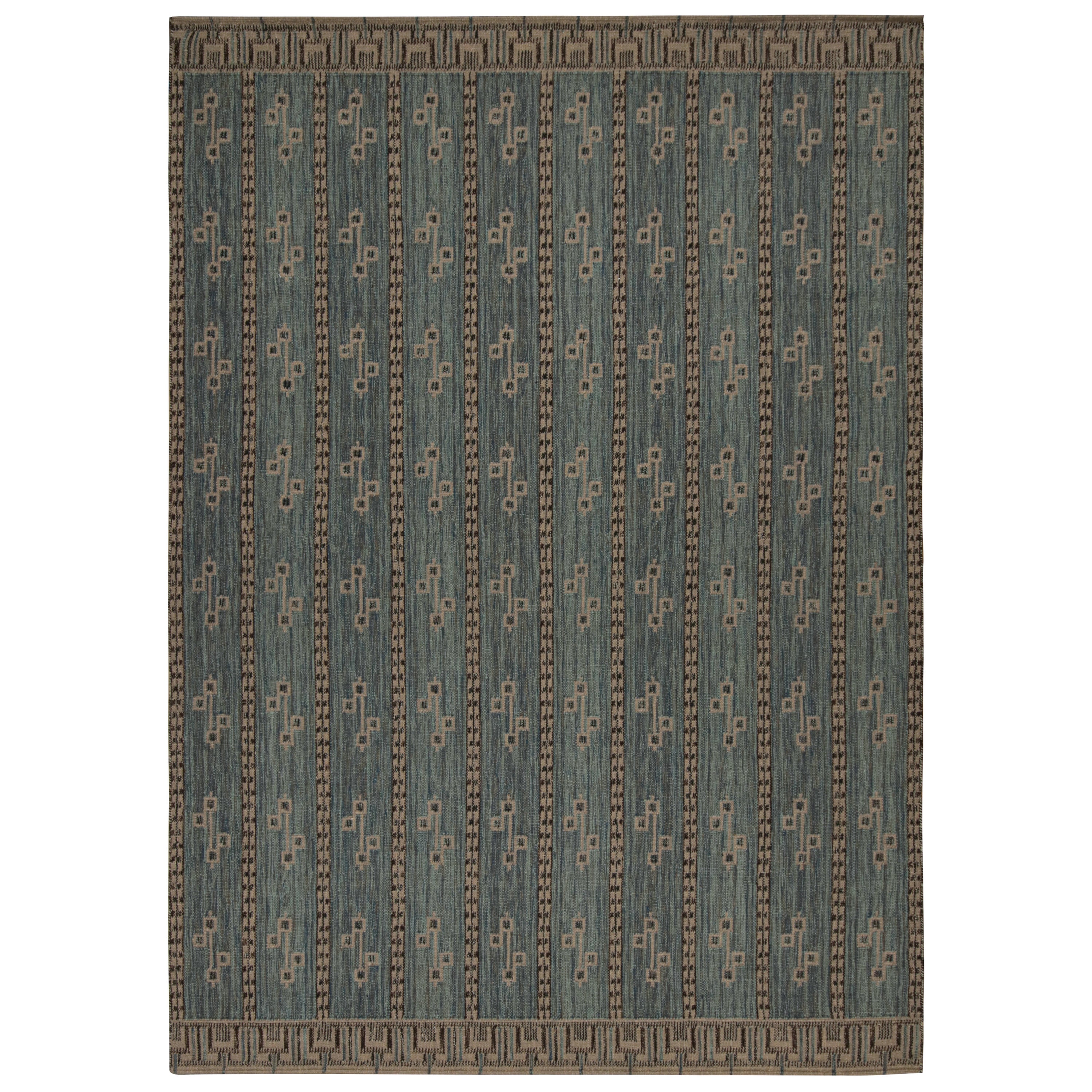 Rug & Kilim’s Scandinavian Style Kilim in Blue, Gray & Black Geometric Patterns For Sale