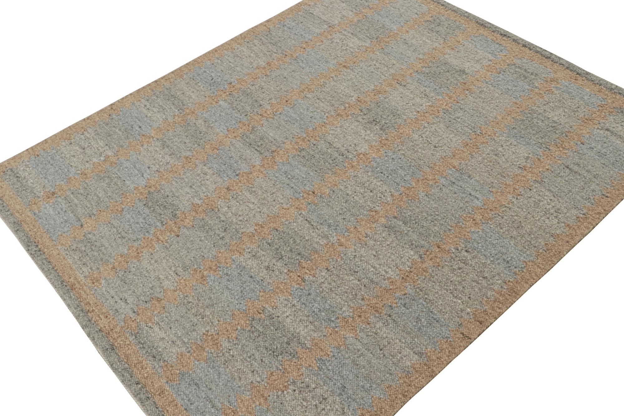 Indian Rug & Kilim’s Scandinavian Style Kilim in Blue, Gray & Brown Geometric Patterns For Sale