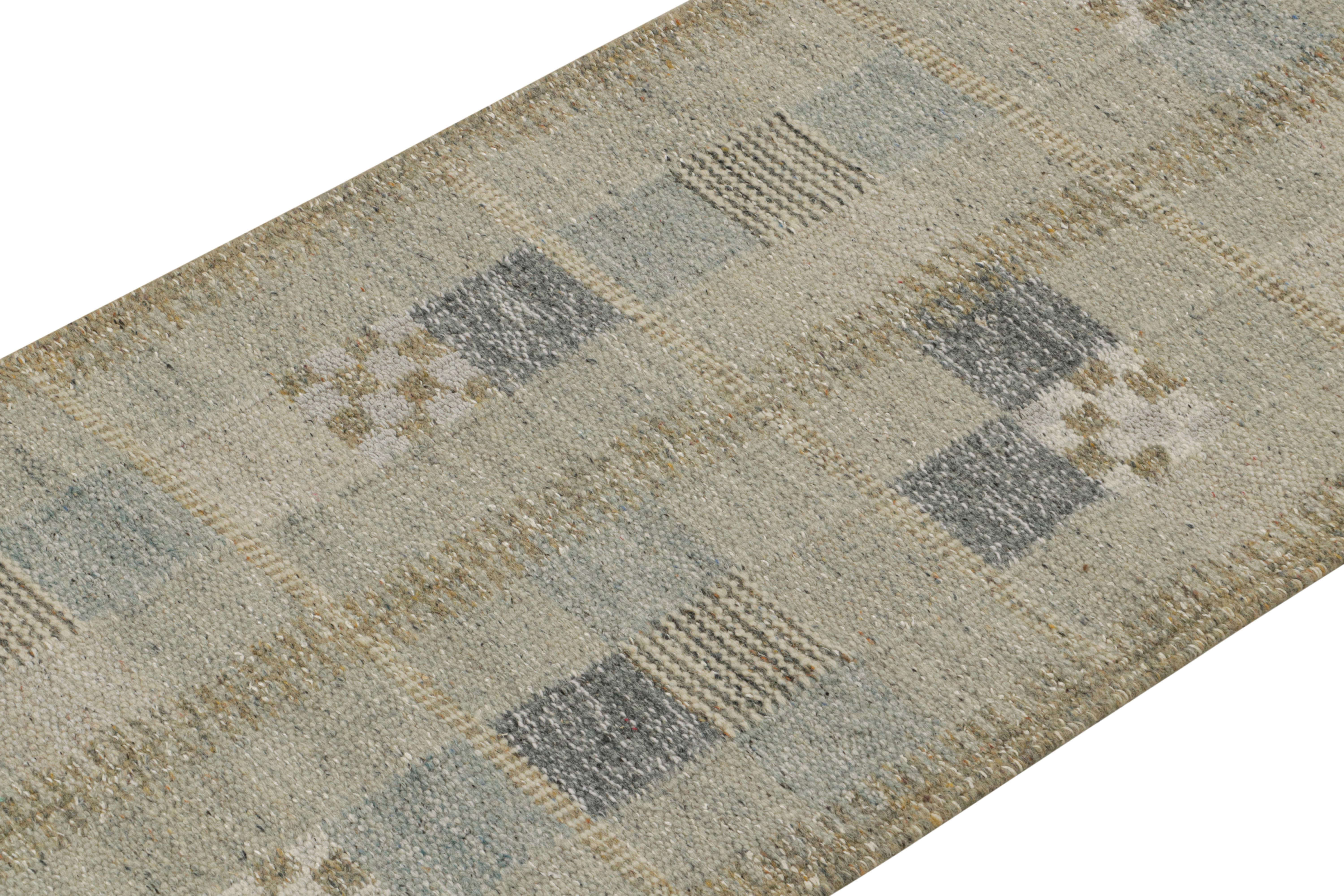Indian Rug & Kilim’s Scandinavian Style Kilim in Blue & gray Geometric Patterns For Sale