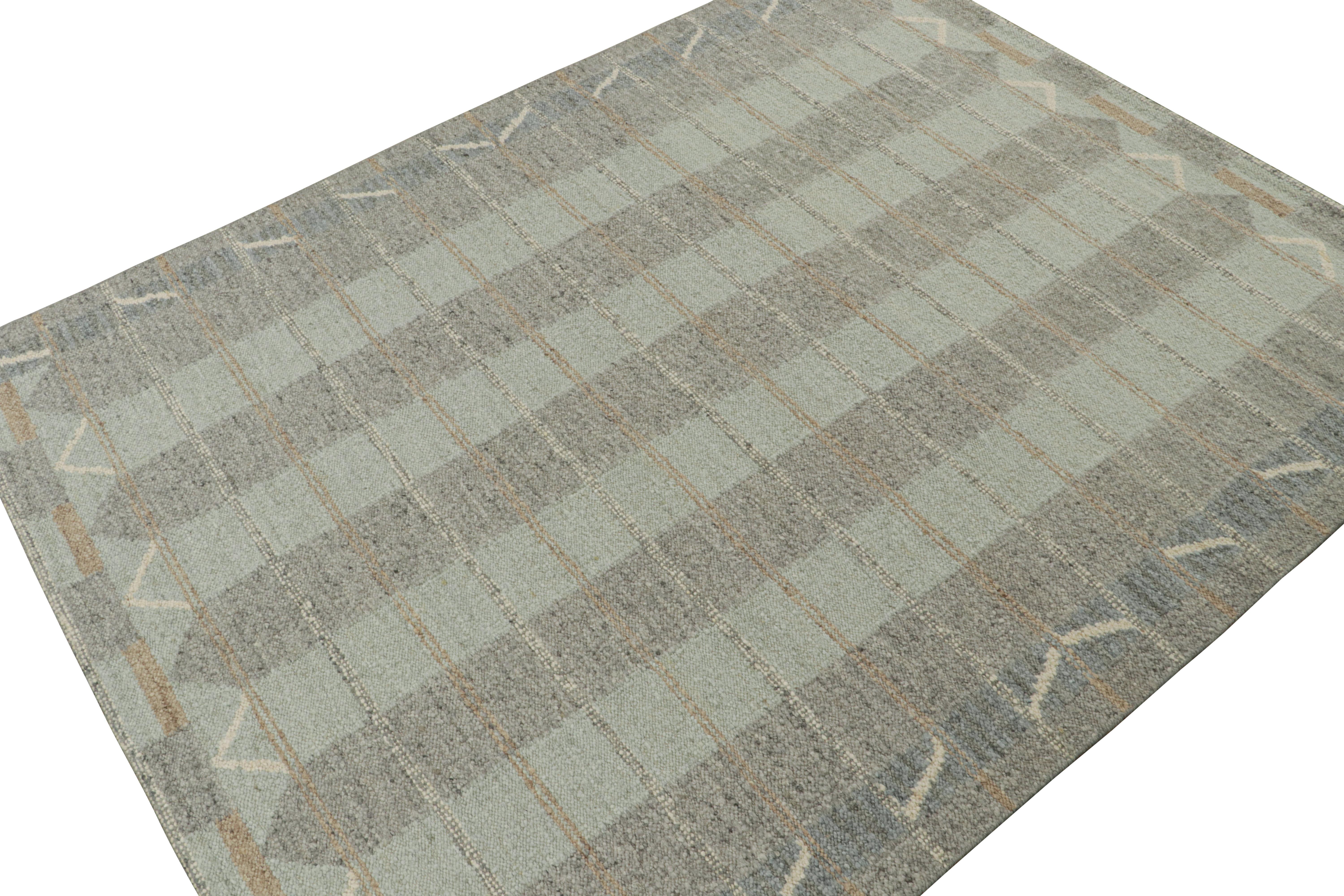 Indian Rug & Kilim’s Scandinavian Style Kilim in Blue & Gray Geometric Patterns For Sale