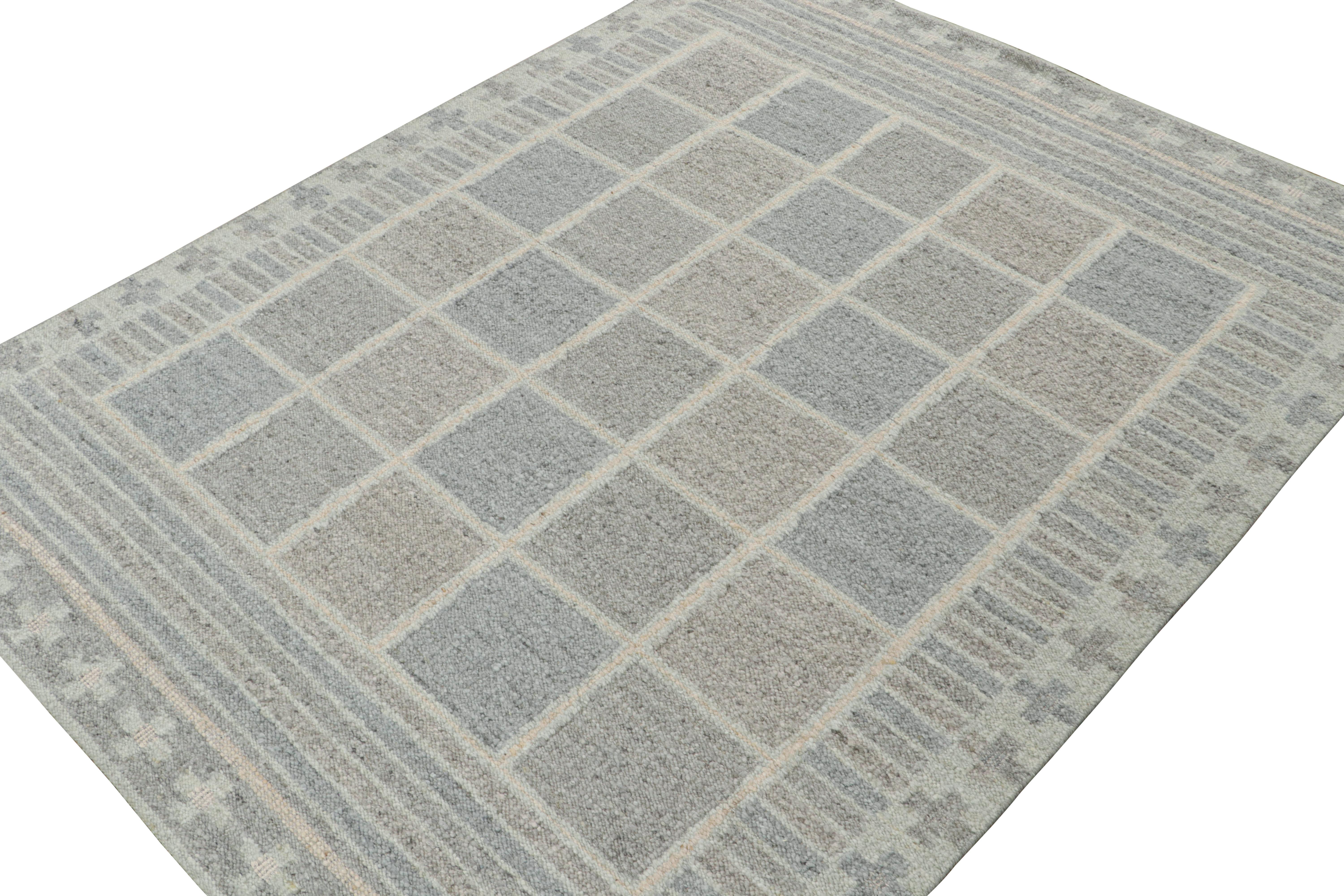 Indian Rug & Kilim’s Scandinavian Style Kilim in Blue & Gray Geometric Patterns For Sale