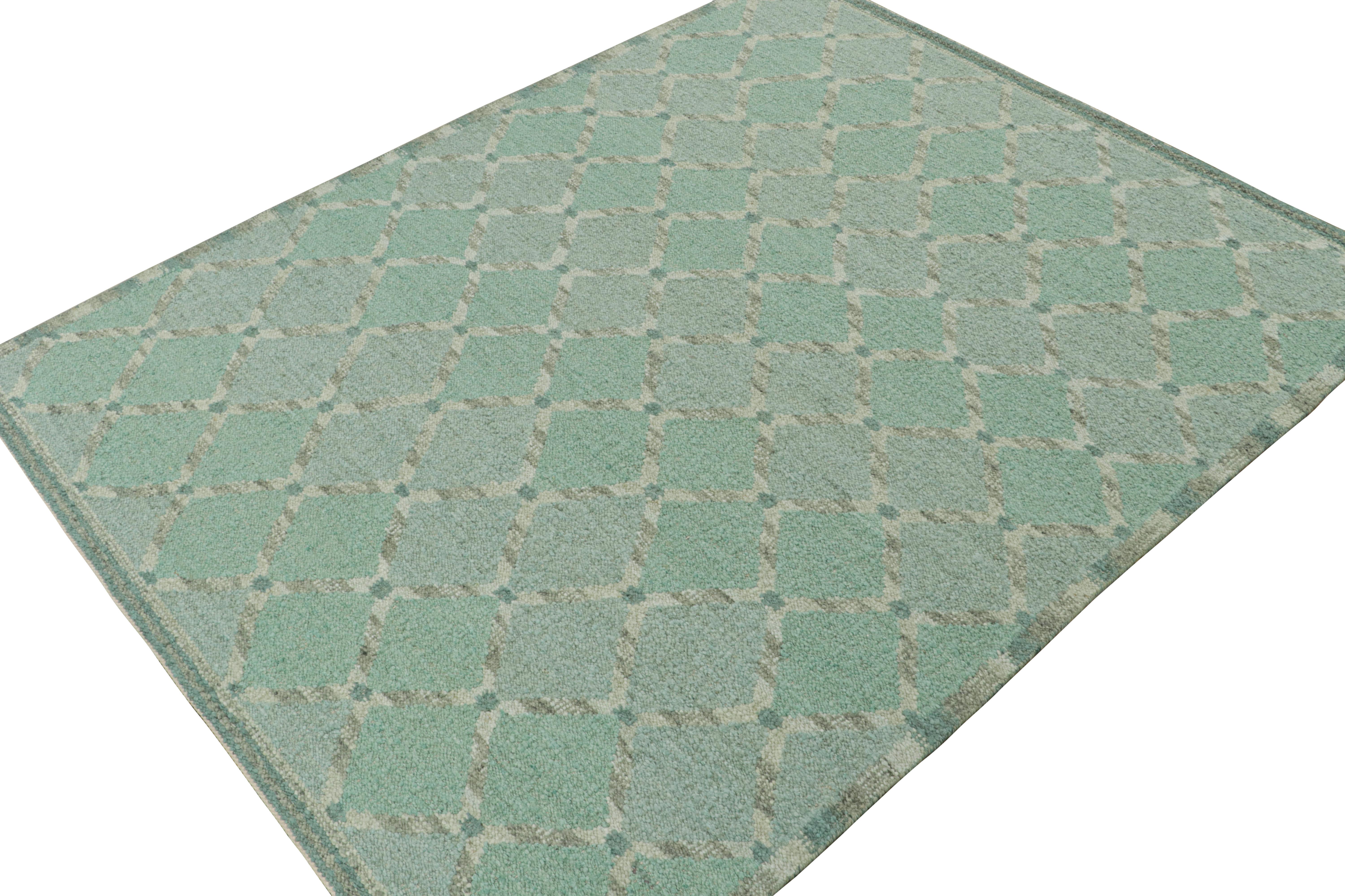 Indian Rug & Kilim’s Scandinavian Style Kilim in Blue & Gray Geometric Patterns For Sale