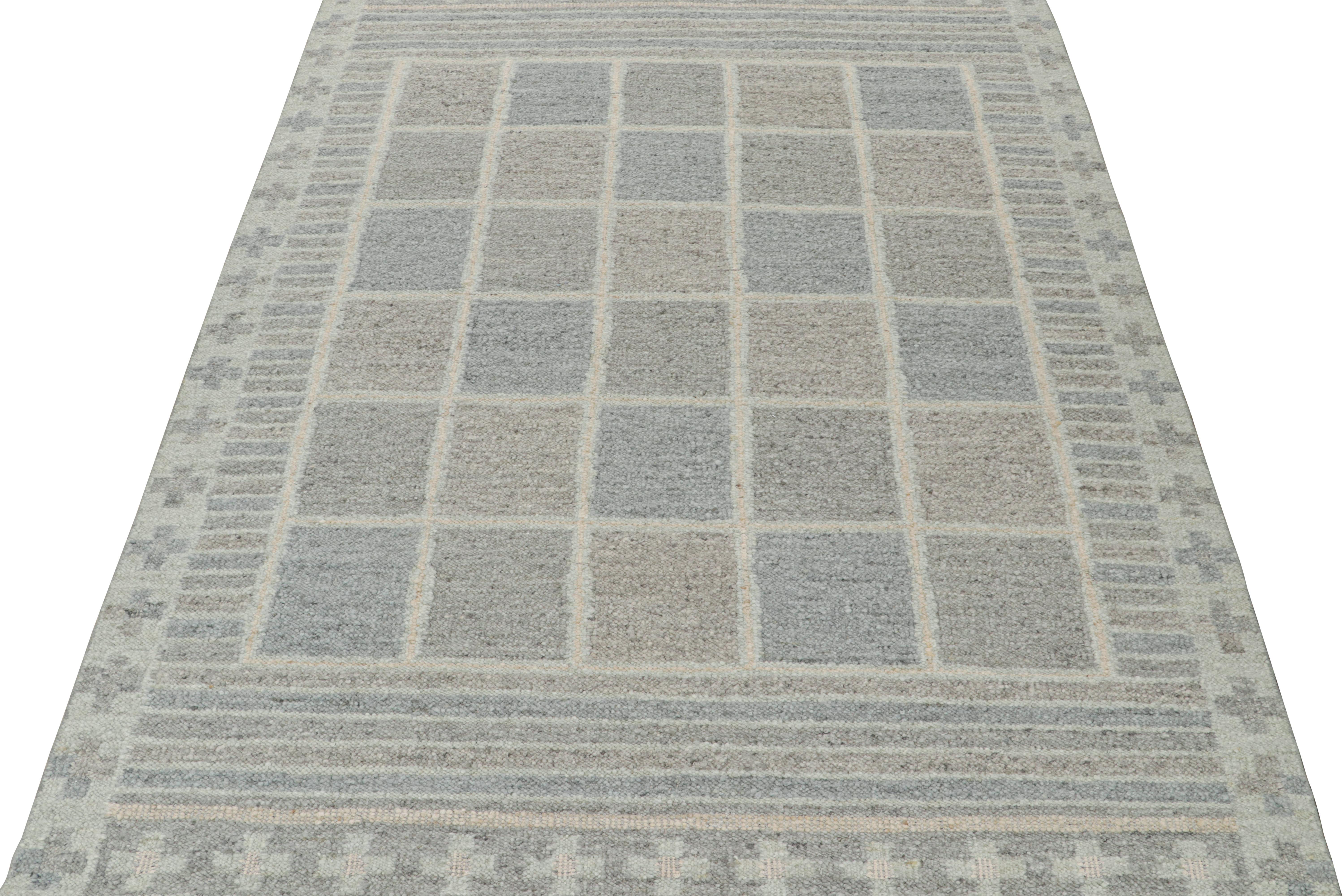 Hand-Knotted Rug & Kilim’s Scandinavian Style Kilim in Blue & Gray Geometric Patterns For Sale