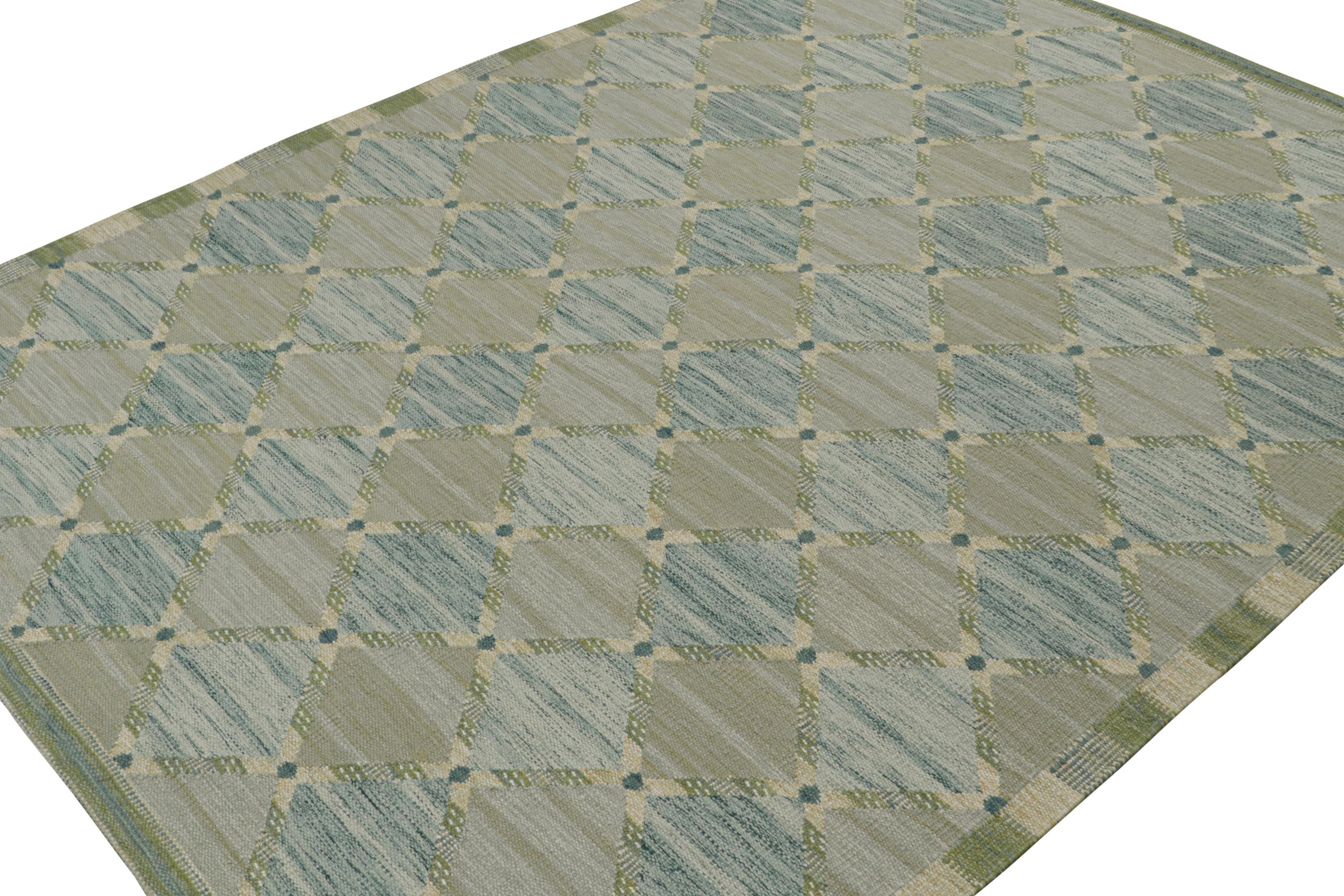 Dieser flachgewebte Teppich im Format 9x12 ist eine kühne Neuheit in der Scandinavian Collection'S von Rug & Kilim. Das aus Wolle und natürlichen Garnen handgewebte Design spiegelt eine zeitgenössische Interpretation des Rollakans aus der Mitte des