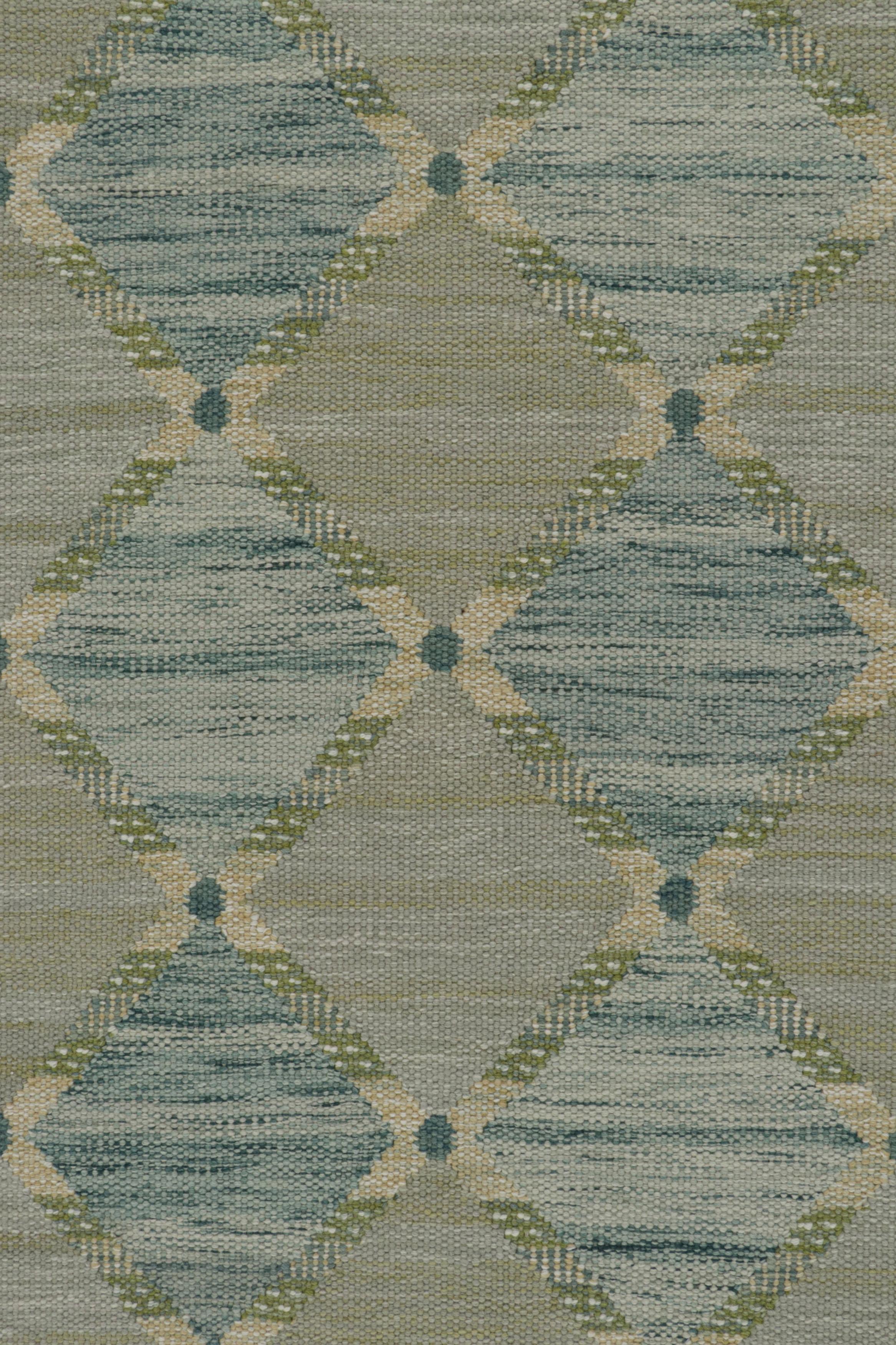 Rug & Kilim’s Scandinavian Style Kilim in Blue & Green Diamond Lattices In Distressed Condition For Sale In Long Island City, NY