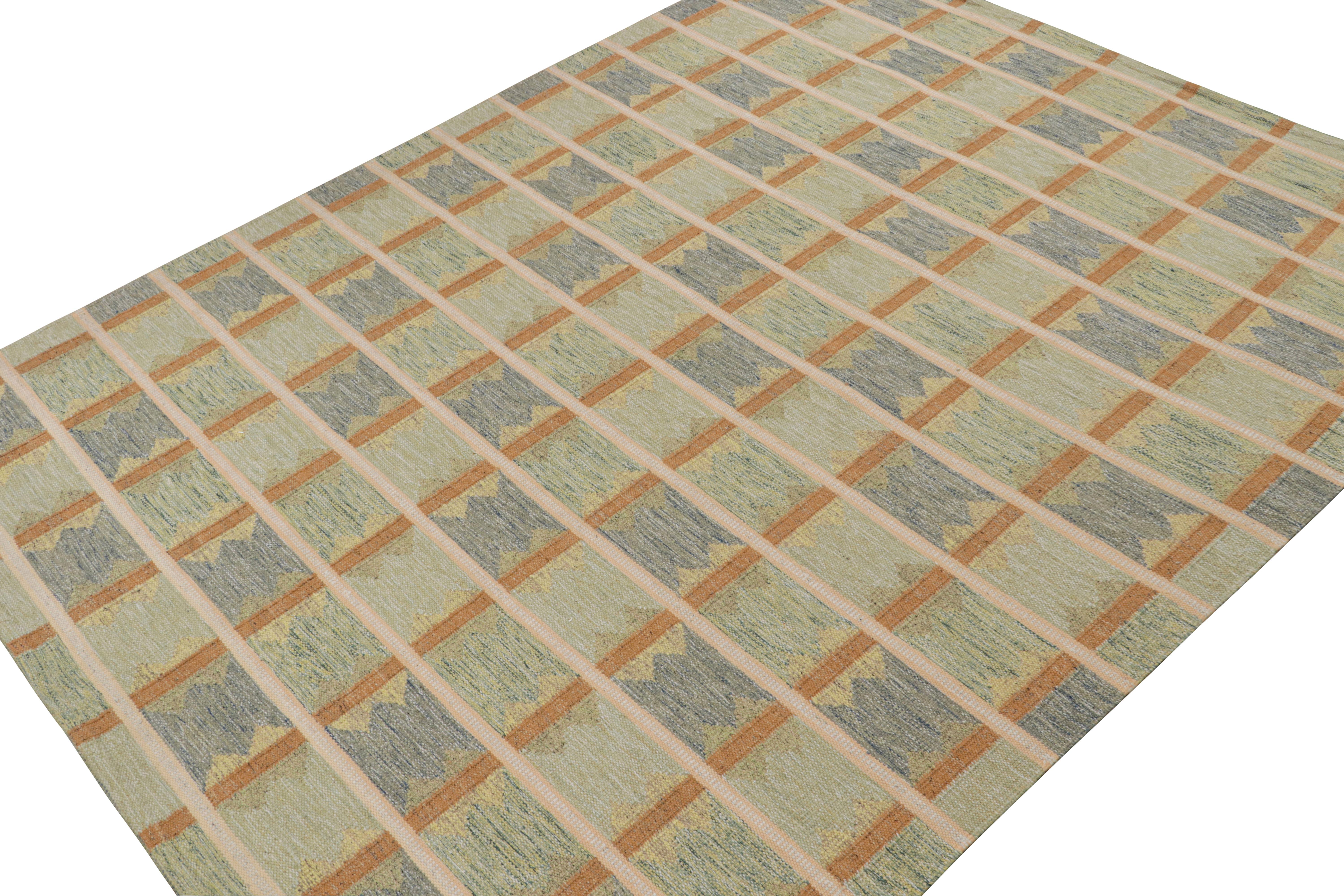 A smart 10x14 Swedish style kilim from our award-winning Scandinavian flat weave collection. Handwoven in wool, cotton & undyed natural yarn.

On the Design: 

This rug enjoys geometric patterns in blue, green & orange. Keen eyes will admire undyed,