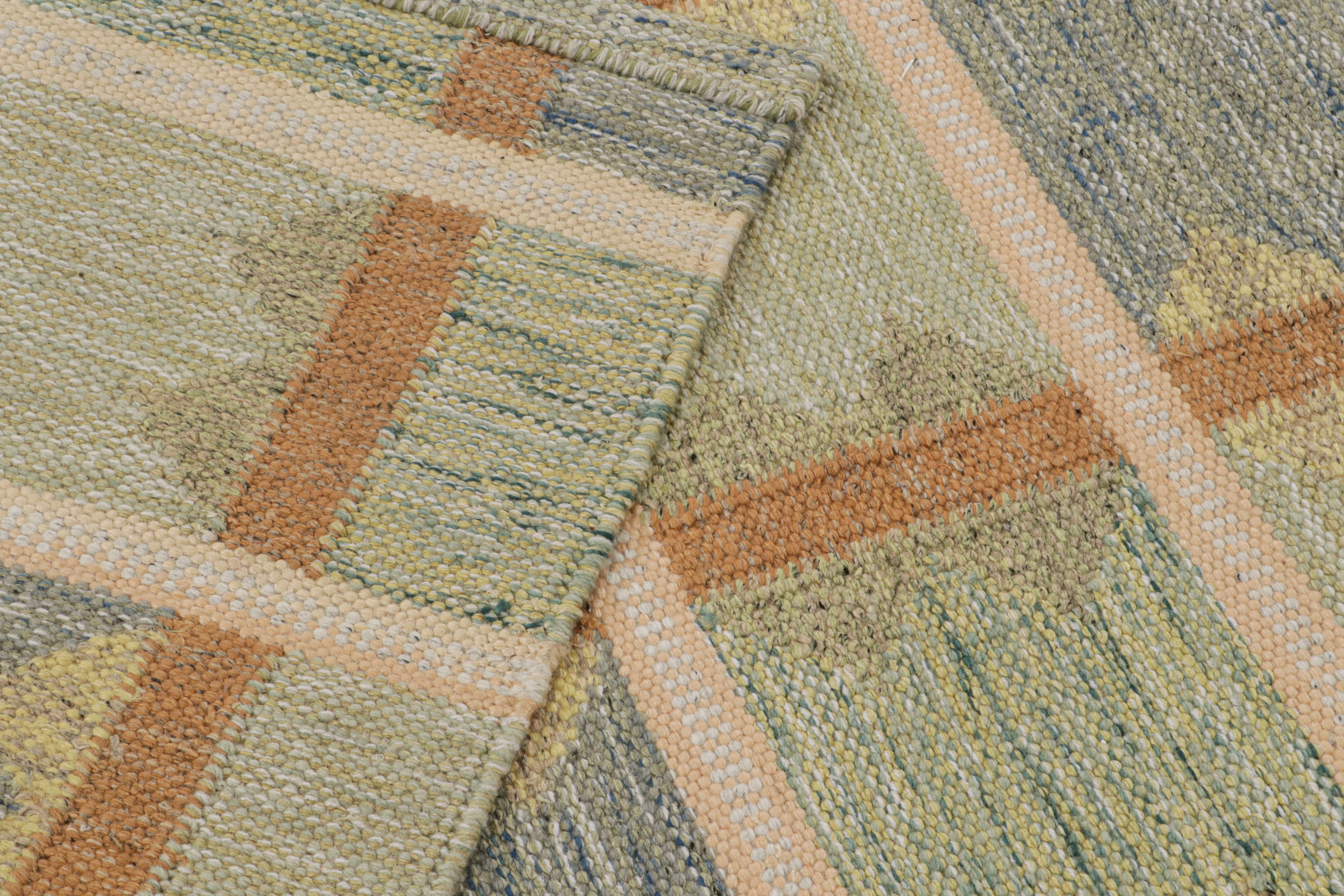 Wool Rug & Kilim’s Scandinavian Style Kilim in Blue, Green & Orange Geometric Pattern For Sale