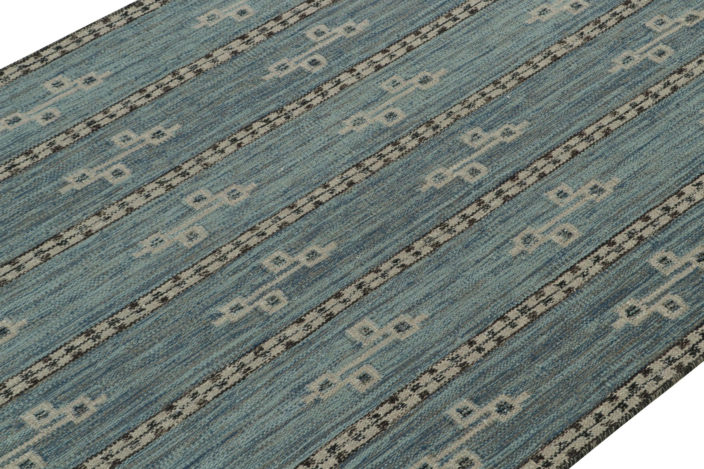 Indian Rug & Kilim’s Scandinavian Style Kilim in Blue, Grey and Black Geometric Pattern For Sale