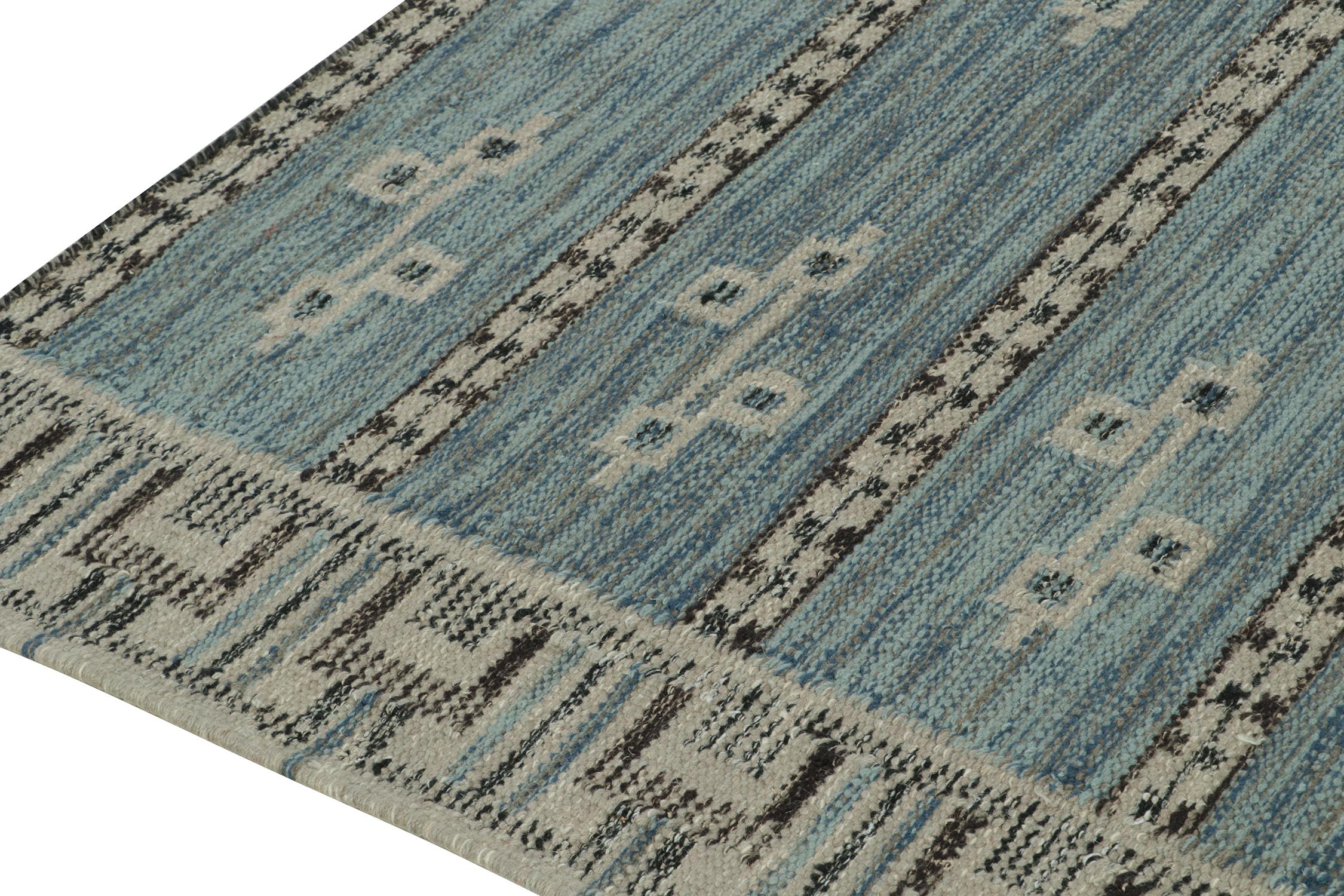 Hand-Knotted Rug & Kilim’s Scandinavian Style Kilim in Blue, Grey and Black Geometric Pattern For Sale