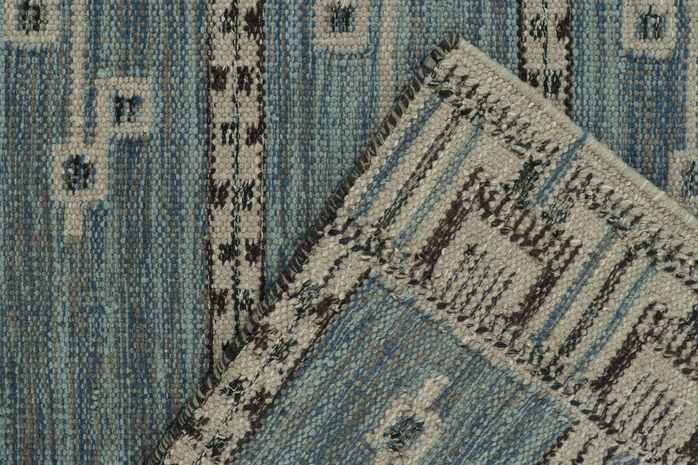 Contemporary Rug & Kilim’s Scandinavian Style Kilim in Blue, Grey and Black Geometric Pattern For Sale