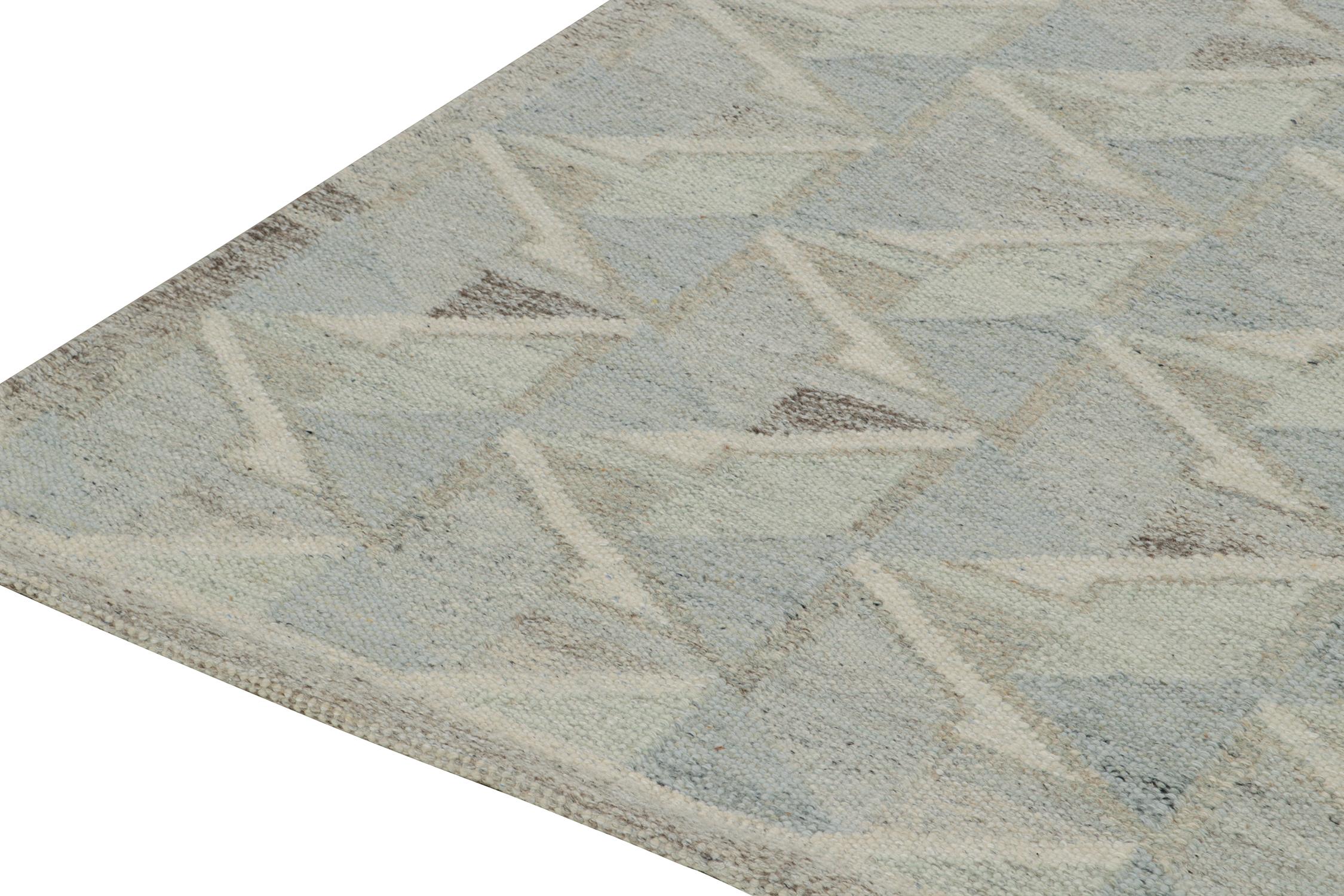 Hand-Knotted Rug & Kilim’s Scandinavian Style Kilim in Blue, Grey and White Geometric Pattern For Sale