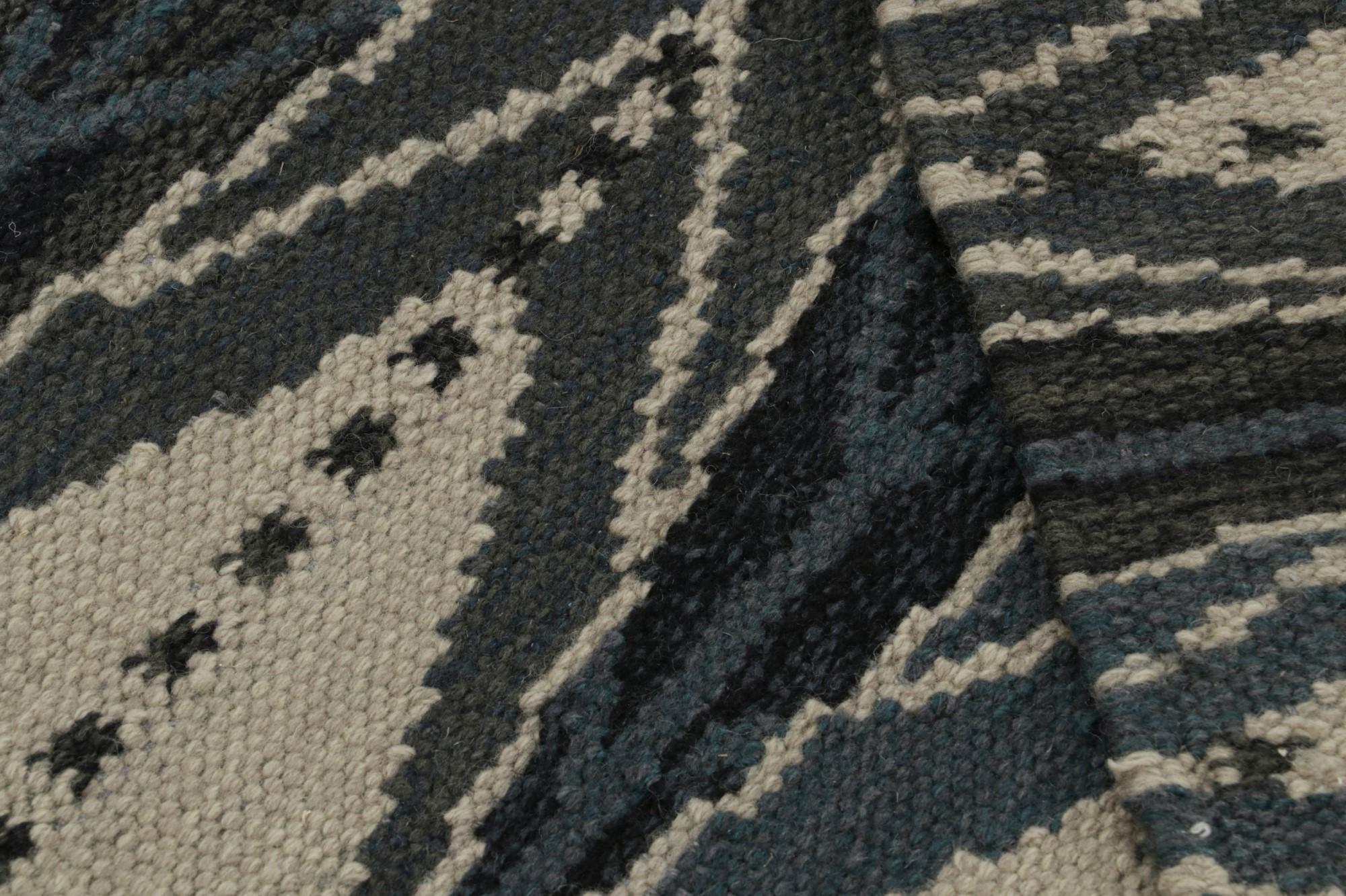 Contemporary Rug & Kilim’s Scandinavian Style Kilim in Blue & Grey Geometric Patterns For Sale