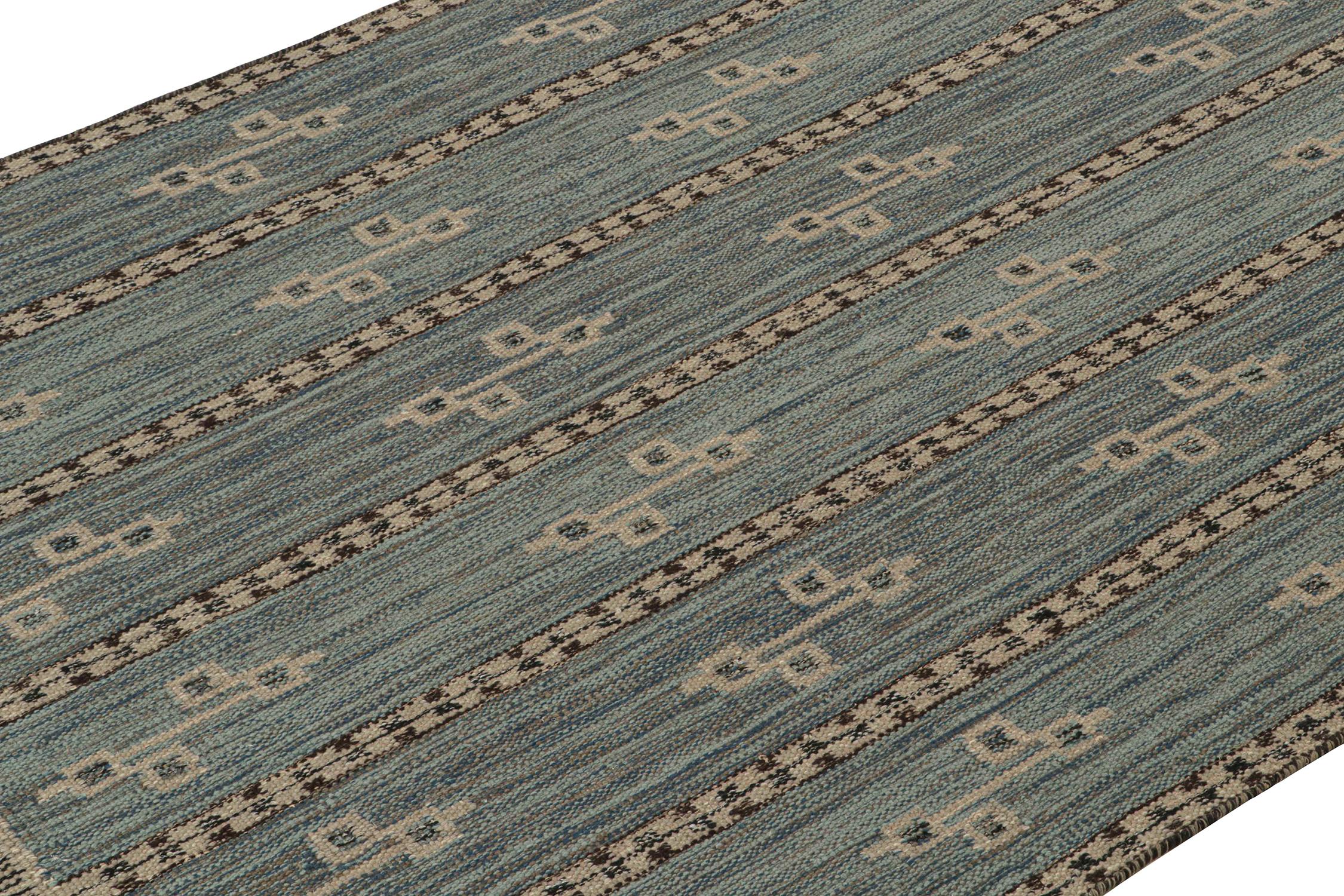Indian Rug & Kilim’s Scandinavian Style Kilim in Blue with Taupe Geometric Patterns For Sale
