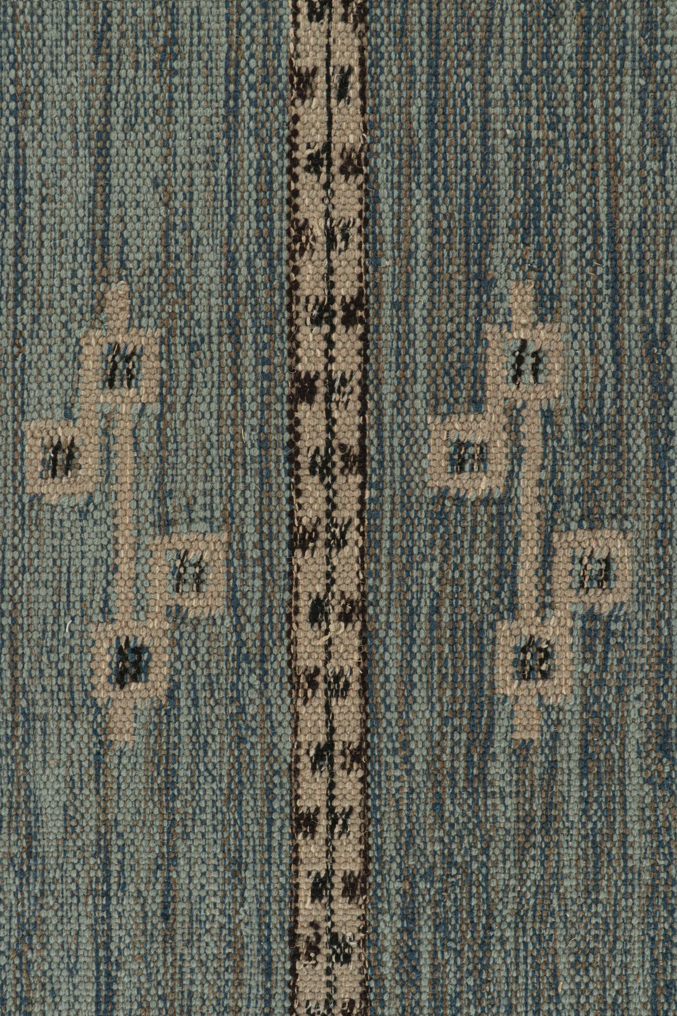 Rug & Kilim’s Scandinavian Style Kilim in Blue with Taupe Geometric Patterns In New Condition For Sale In Long Island City, NY