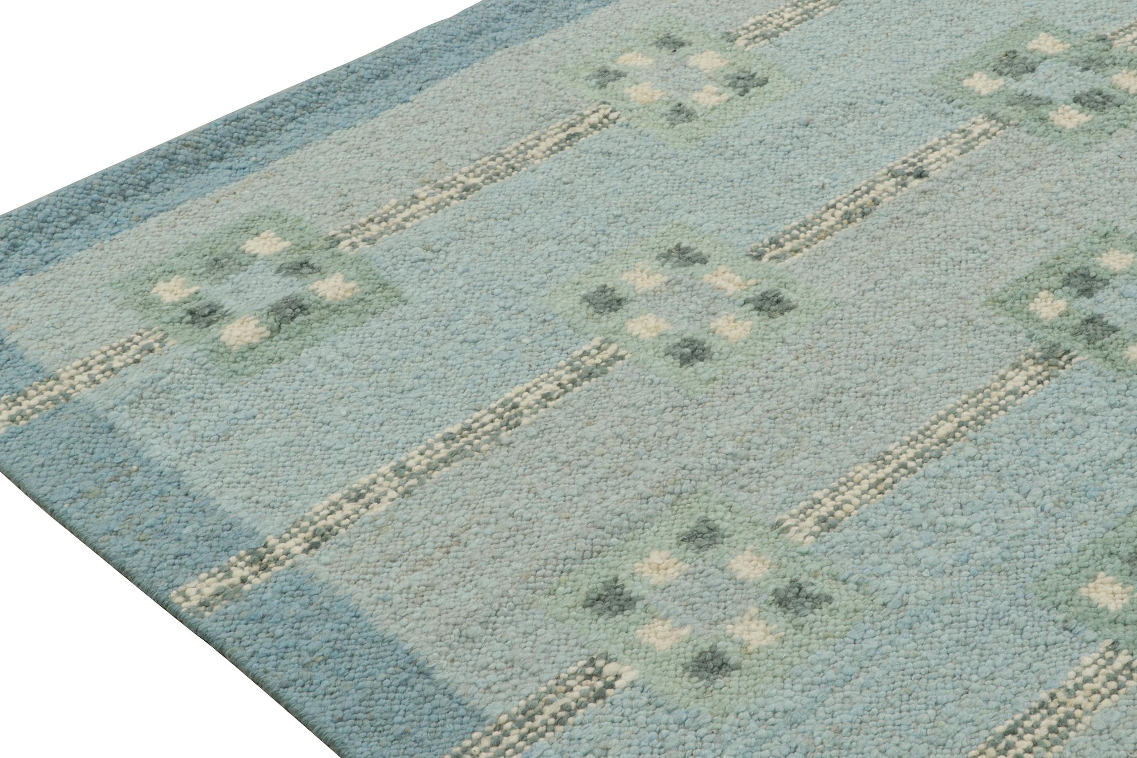 Hand-Knotted Rug & Kilim’s Scandinavian Style Kilim in Blue with Teal Geometric Patterns For Sale