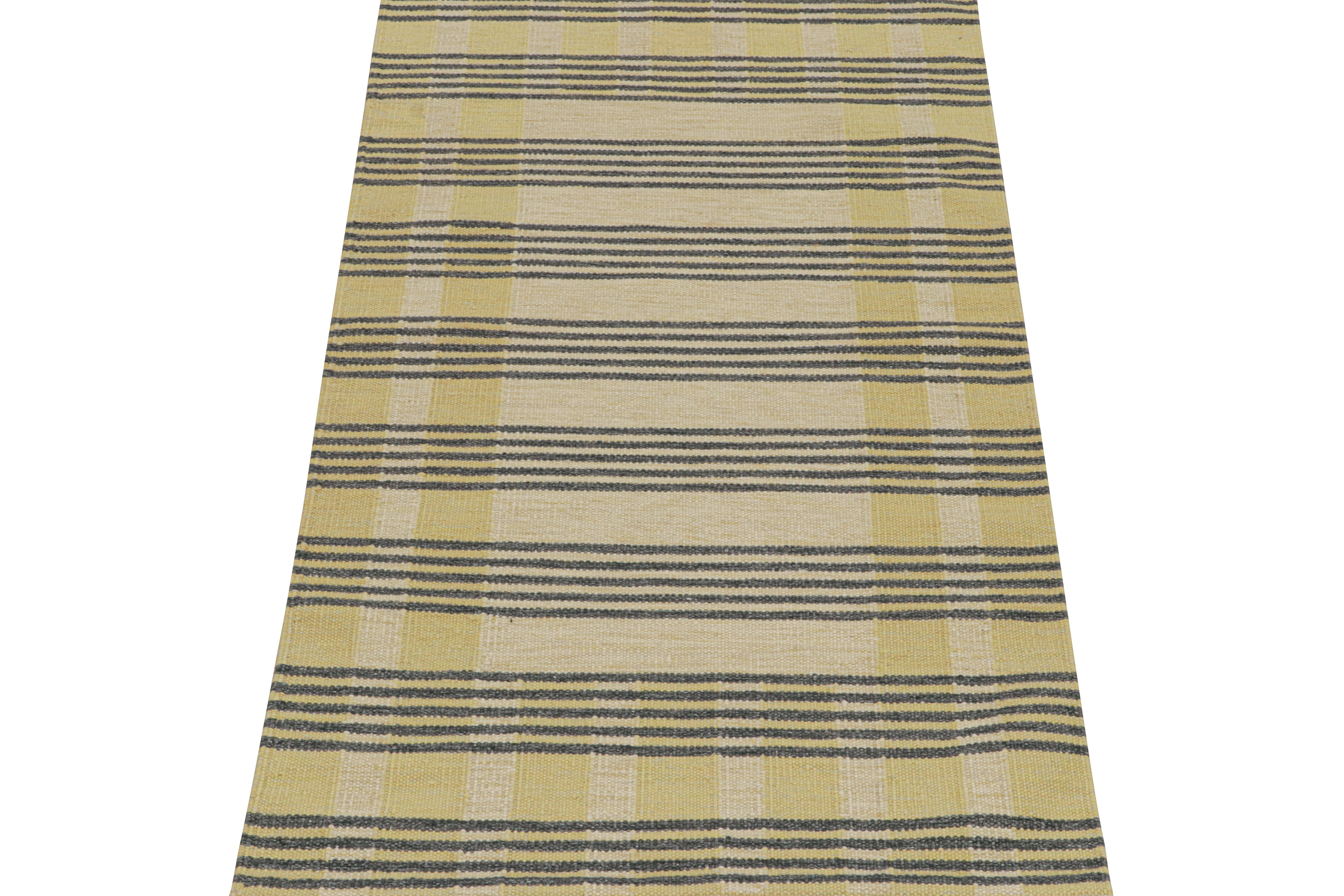 This 4x8 flat weave is a new addition to the Scandinavian Kilim collection by Rug & Kilim. Handwoven in wool and natural yarns, its design reflects a contemporary take on mid-century Rollakans and Swedish Deco style.

On the Design:

This new