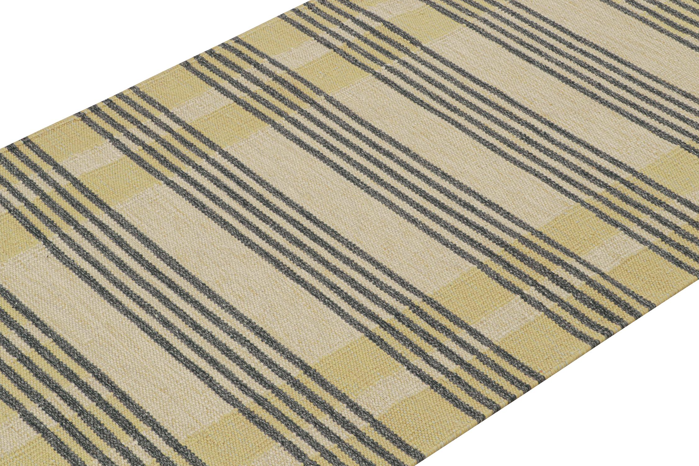 Indian Rug & Kilim’s Scandinavian Style Kilim in Cream with Gray Stripes Patterns For Sale