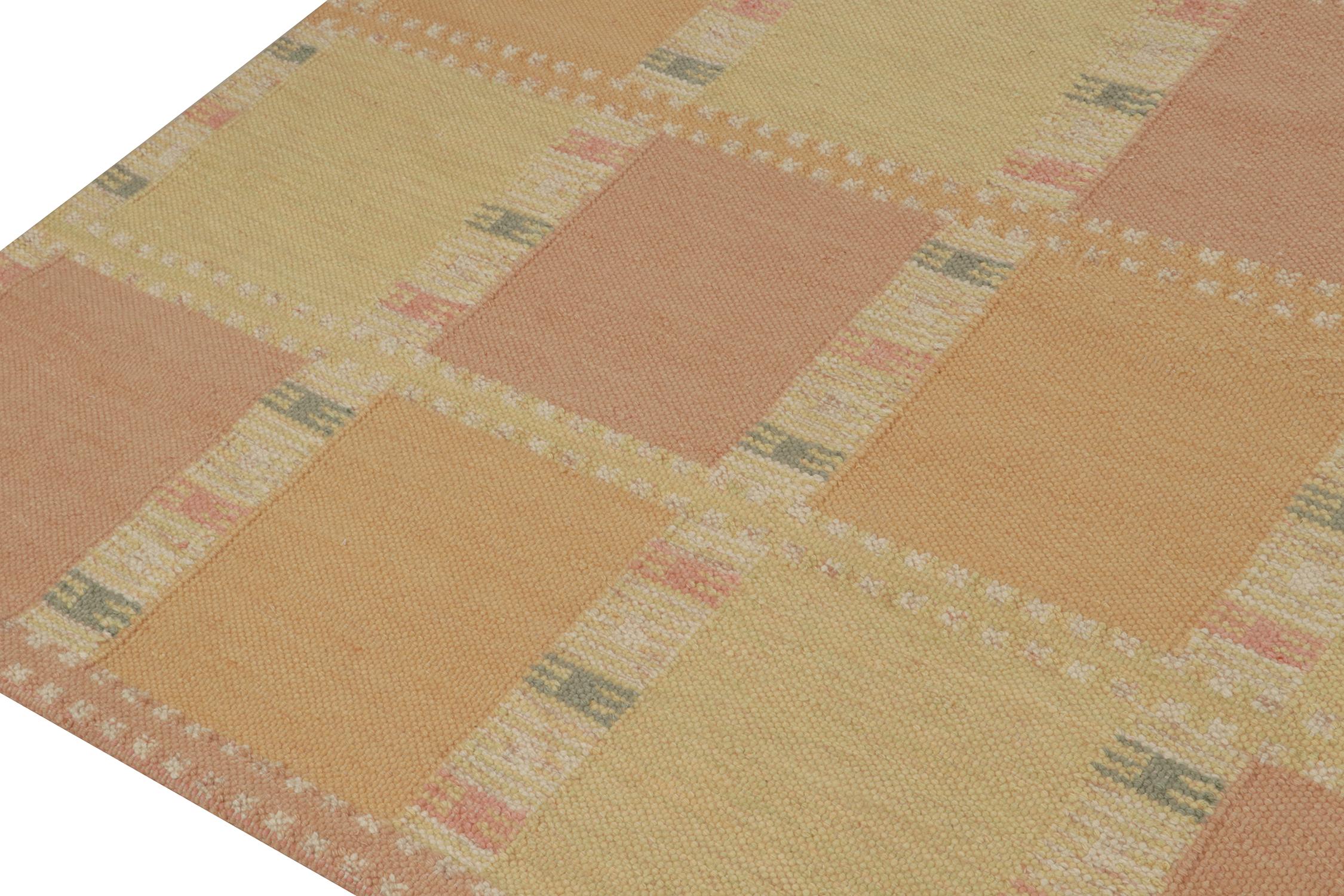 Hand-Knotted Rug & Kilim’s Scandinavian Style Kilim in Gold and Pink Geometric Pattern For Sale