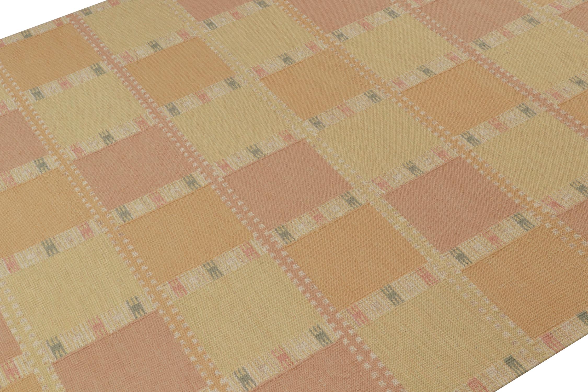 Indian Rug & Kilim’s Scandinavian Style Kilim in Gold and Pink Geometric Pattern For Sale
