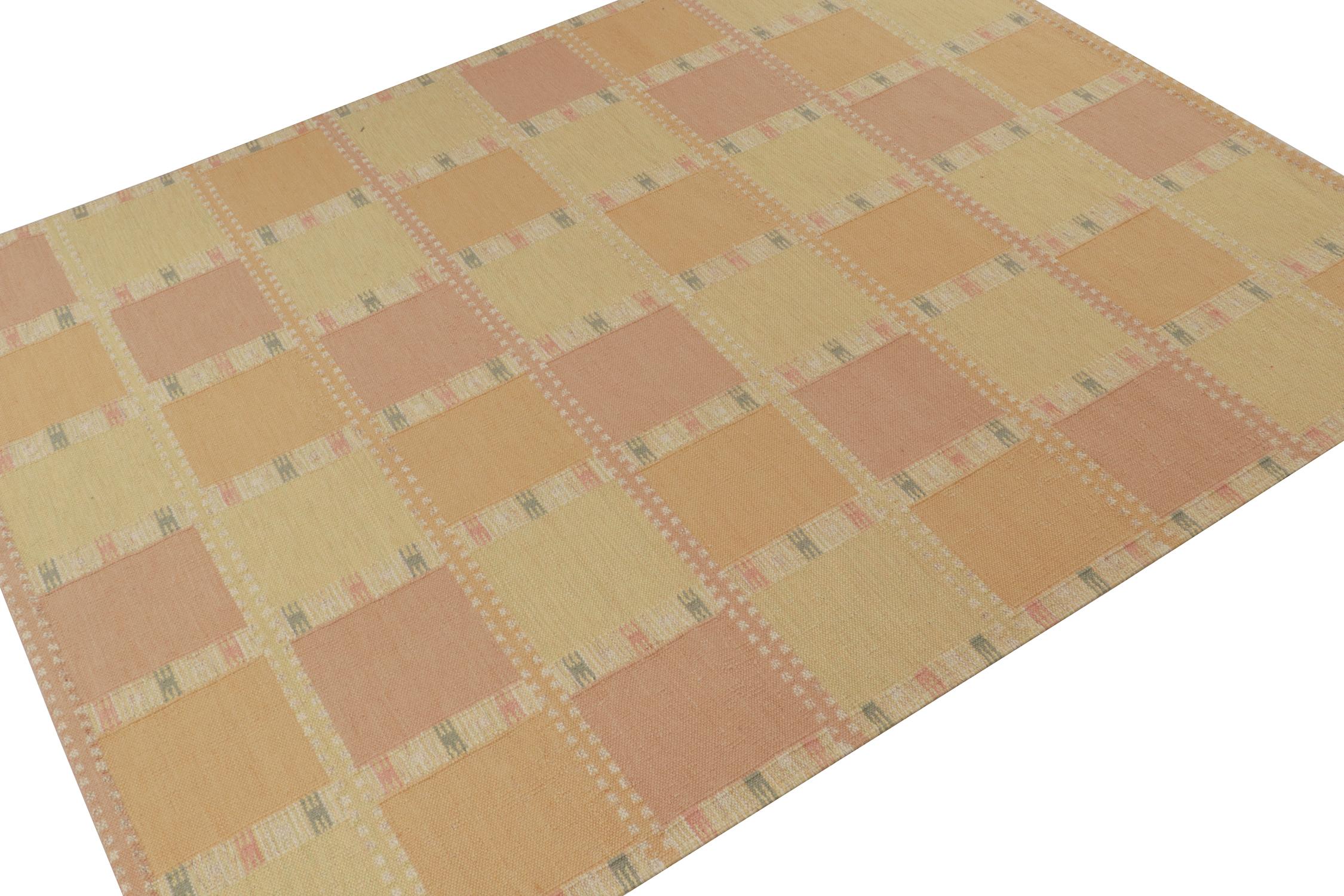 A smart 9 x 12 Swedish style kilim from our award-winning Scandinavian flat weave collection. Handwoven in wool. 
On the Design: 
This rug enjoys geometric patterns in the most refreshing gold and pink with yellow and white notes of gorgeous