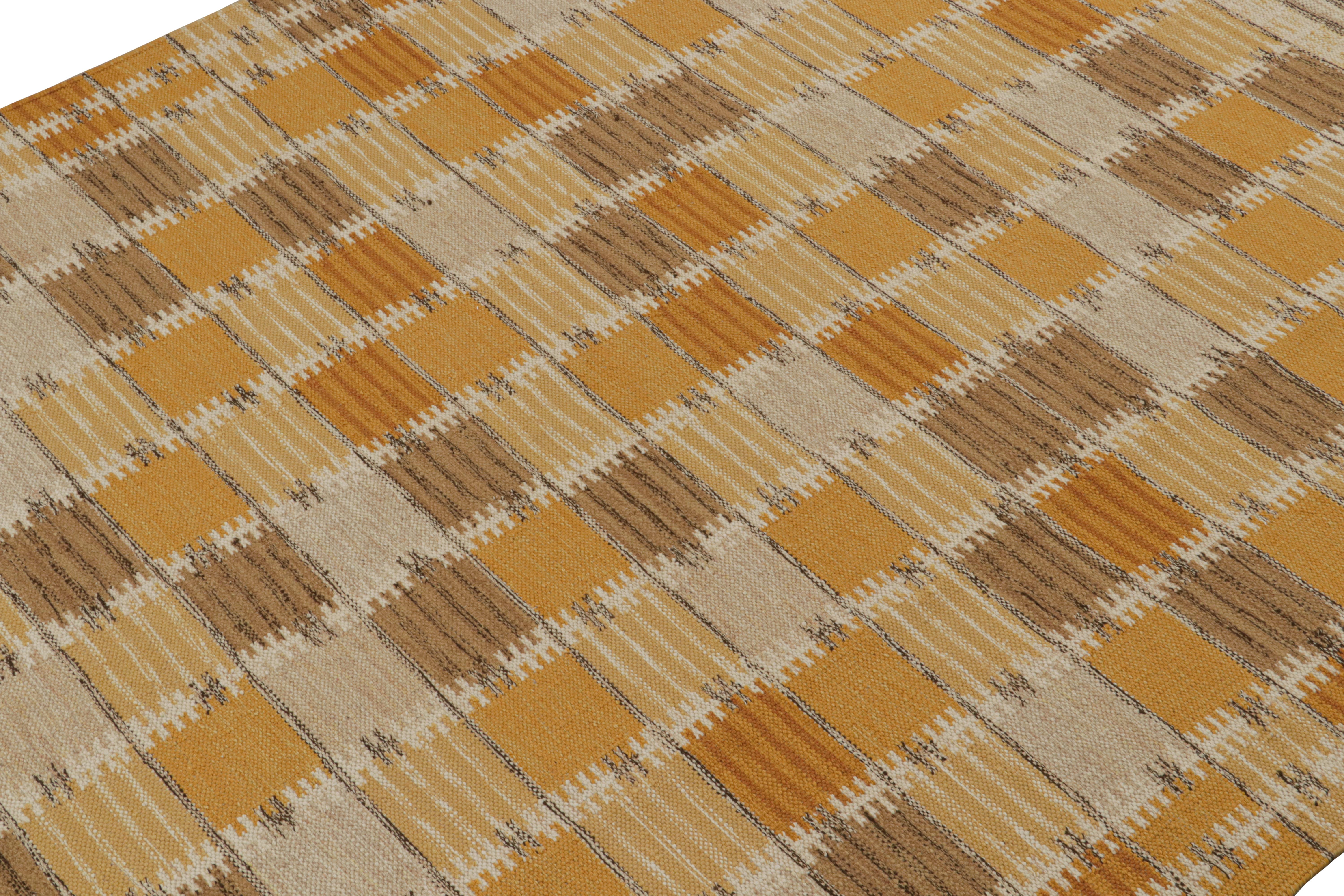 Indian Rug & Kilim’s Scandinavian Style Kilim in Gold & Beige-Brown Geometric Pattern For Sale