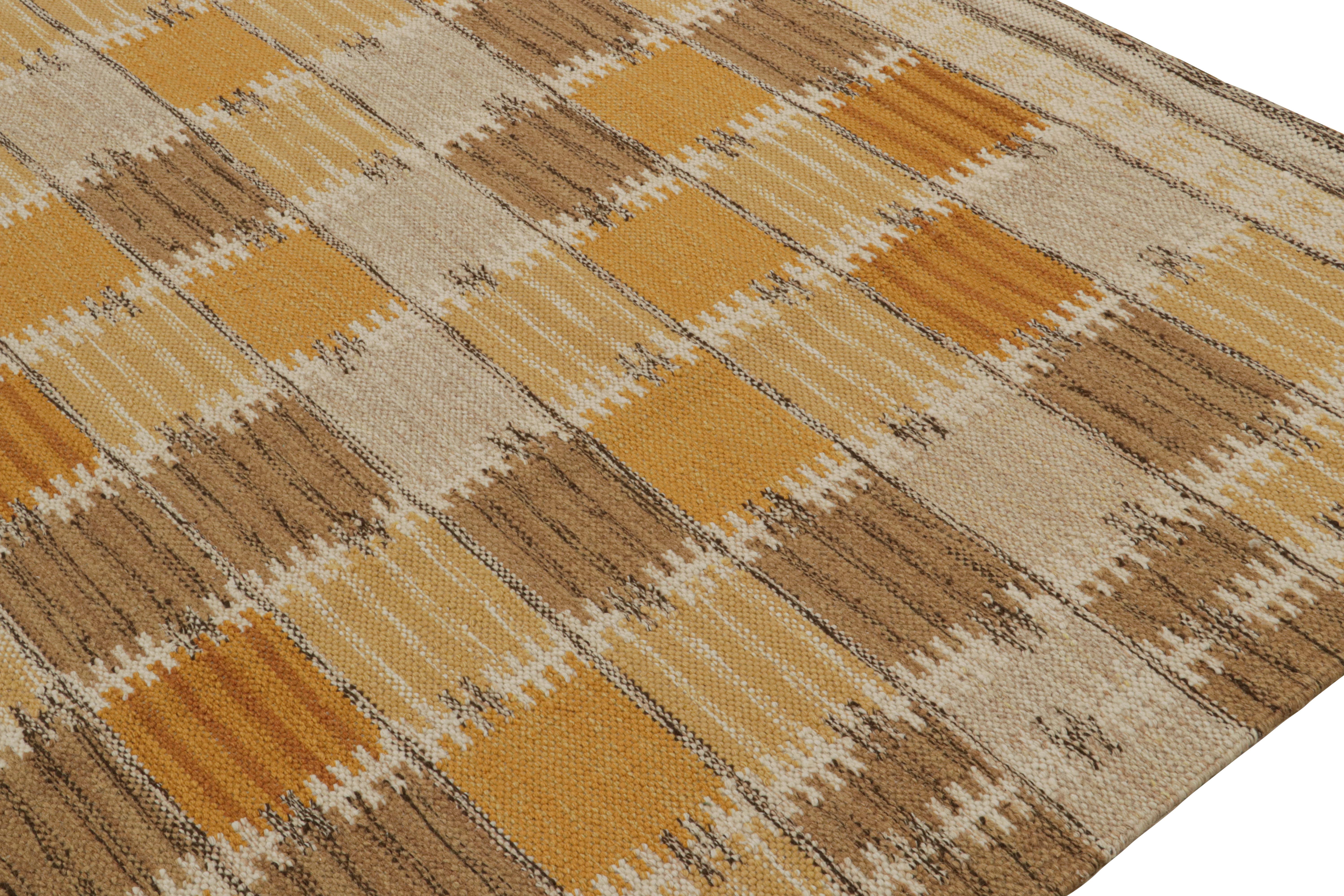 Hand-Woven Rug & Kilim’s Scandinavian Style Kilim in Gold & Beige-Brown Geometric Pattern For Sale