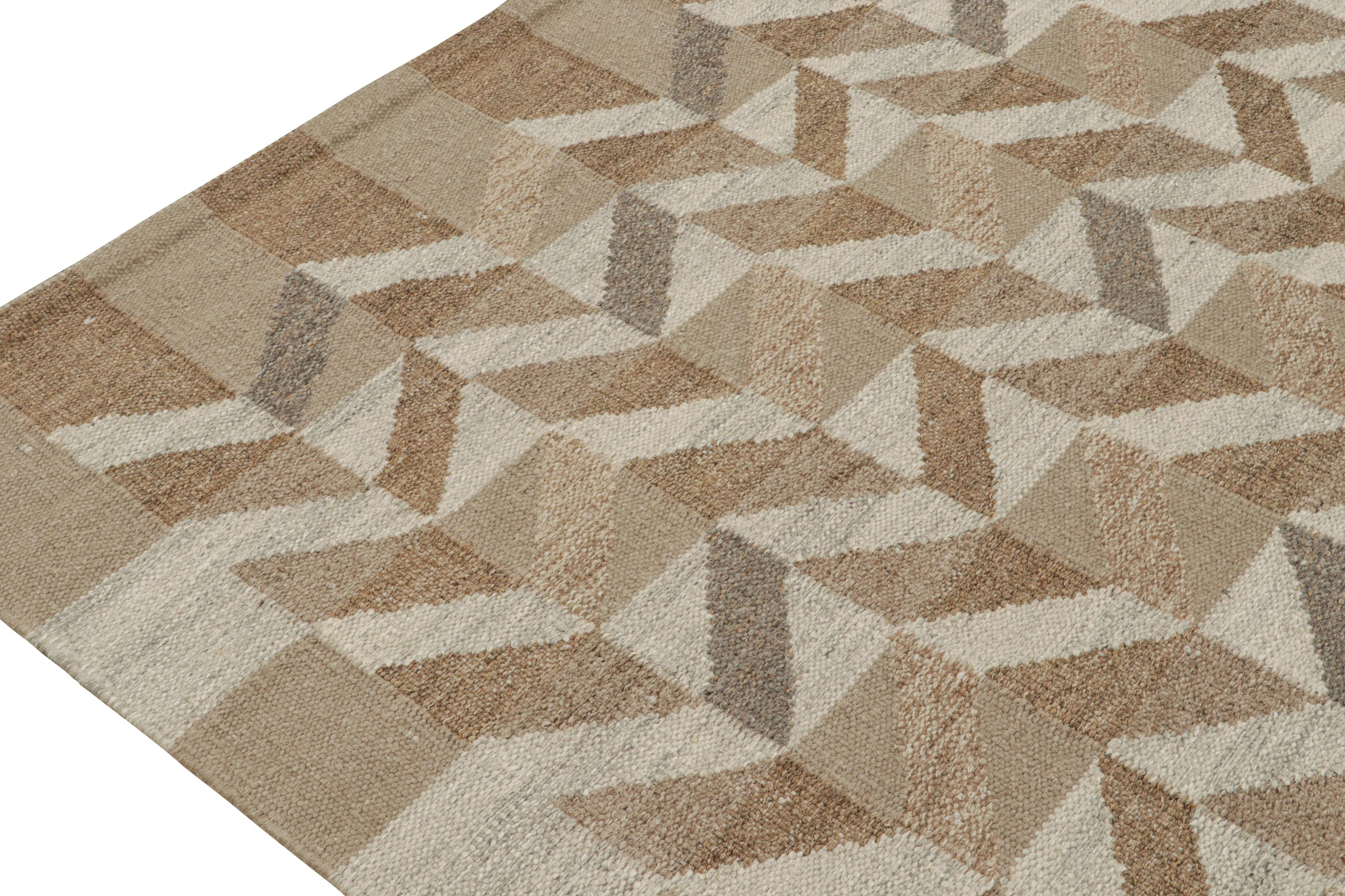 Indian Rug & Kilim’s Scandinavian Style Kilim in Gray and Beige-Brown Geometric Pattern For Sale