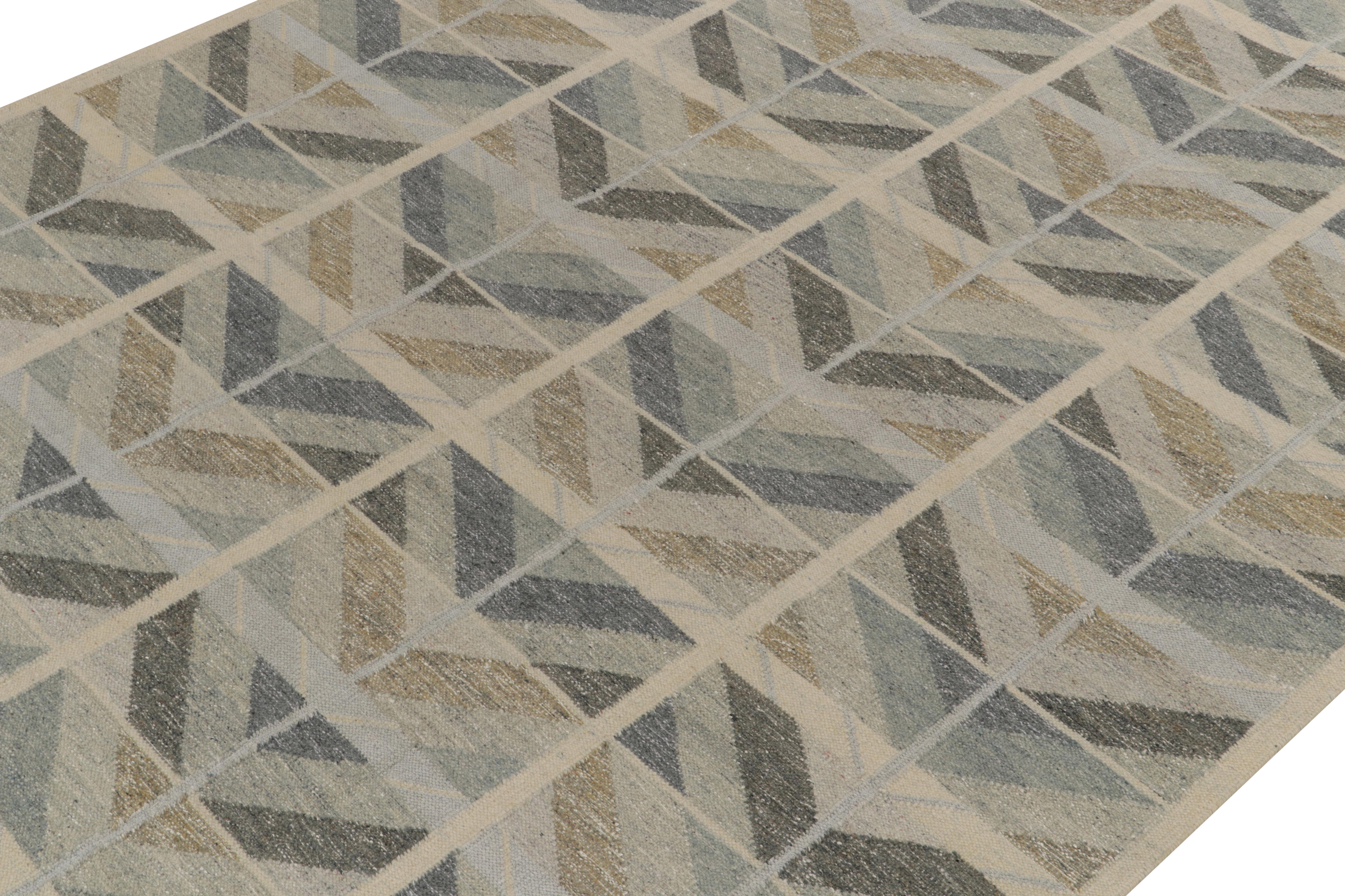 Indian Rug & Kilim’s Scandinavian Style Kilim in Grey, Beige and Blue Chevron Patterns For Sale