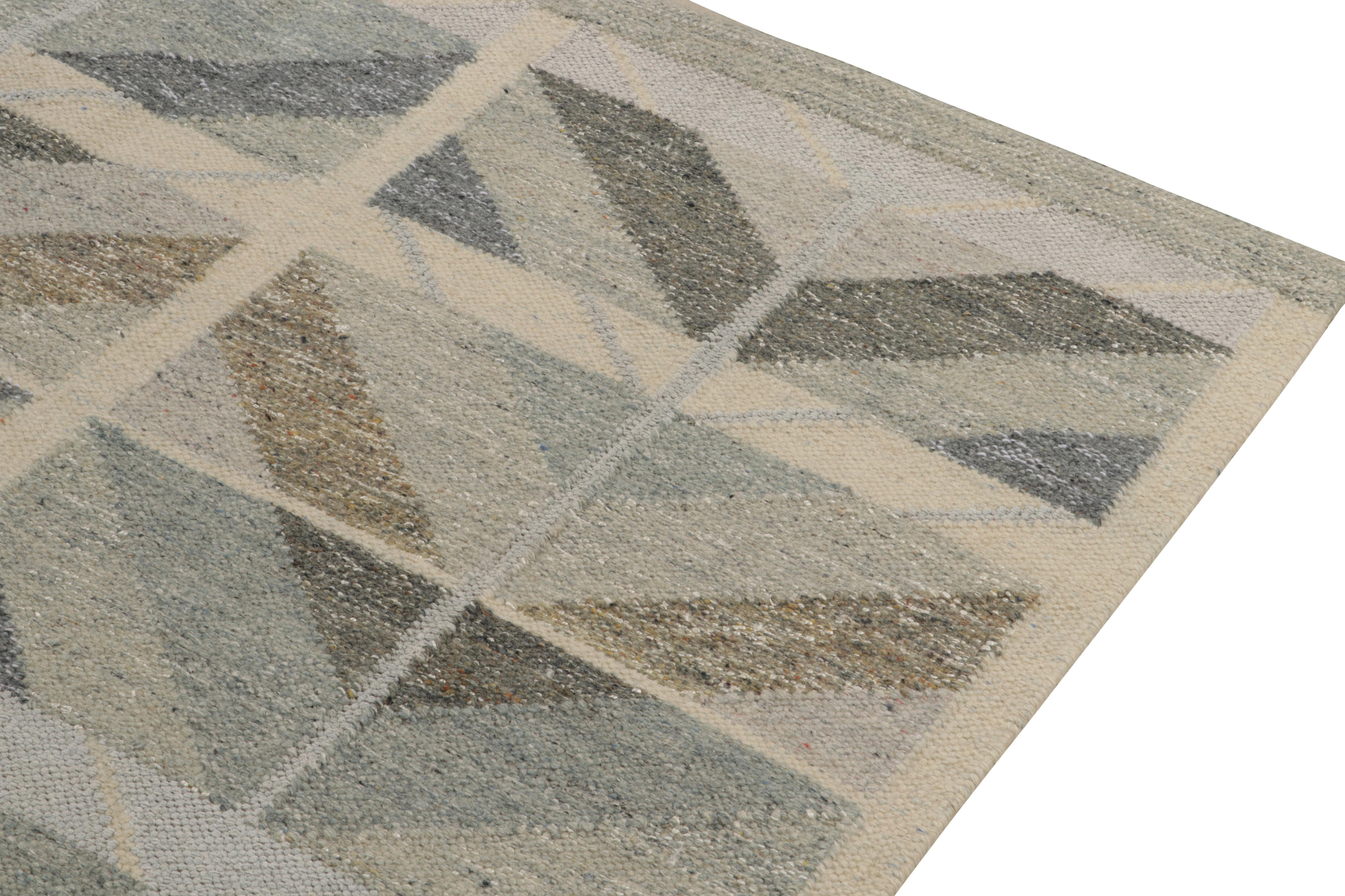 Hand-Knotted Rug & Kilim’s Scandinavian Style Kilim in Grey, Beige and Blue Chevron Patterns For Sale