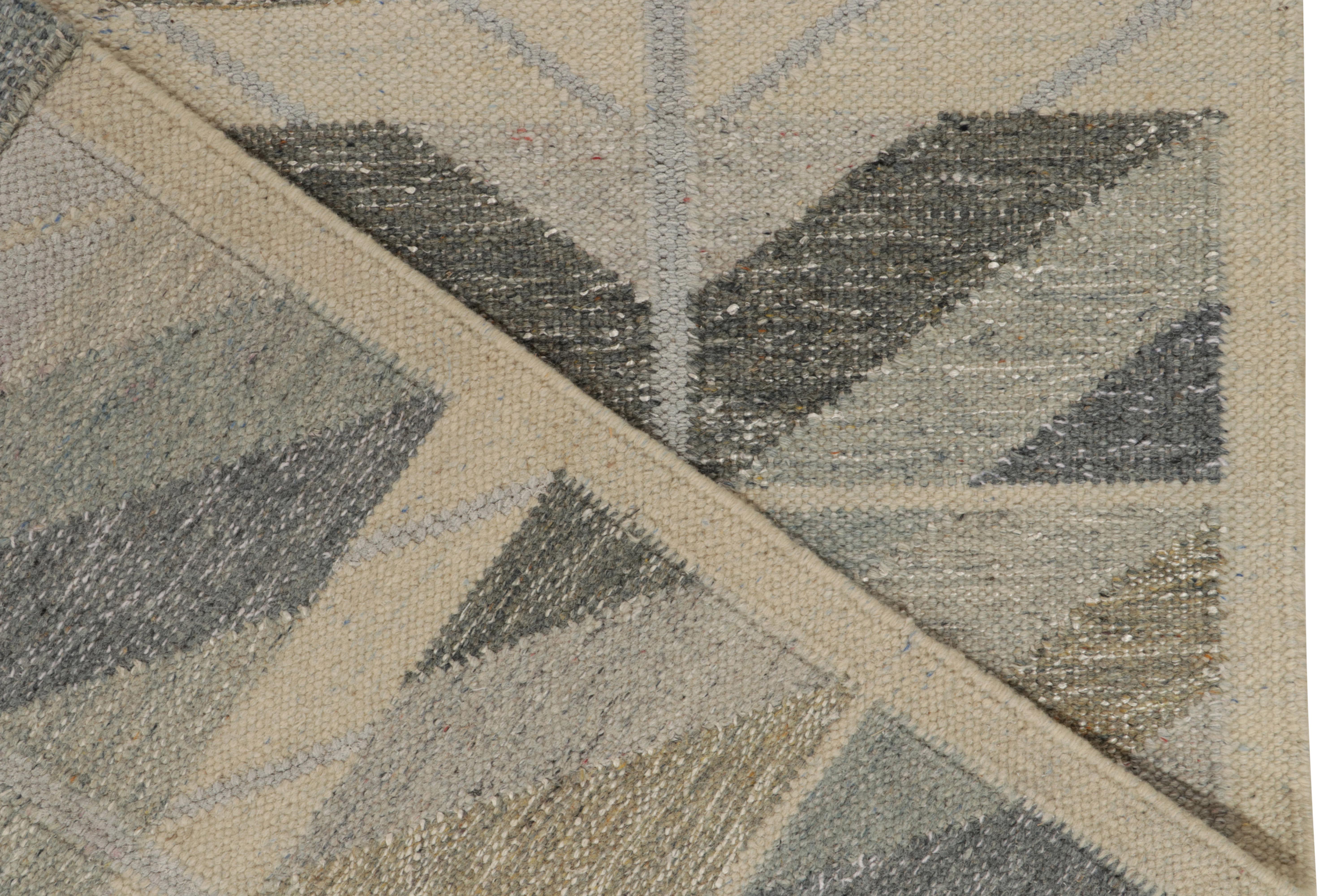 Contemporary Rug & Kilim’s Scandinavian Style Kilim in Grey, Beige and Blue Chevron Patterns For Sale