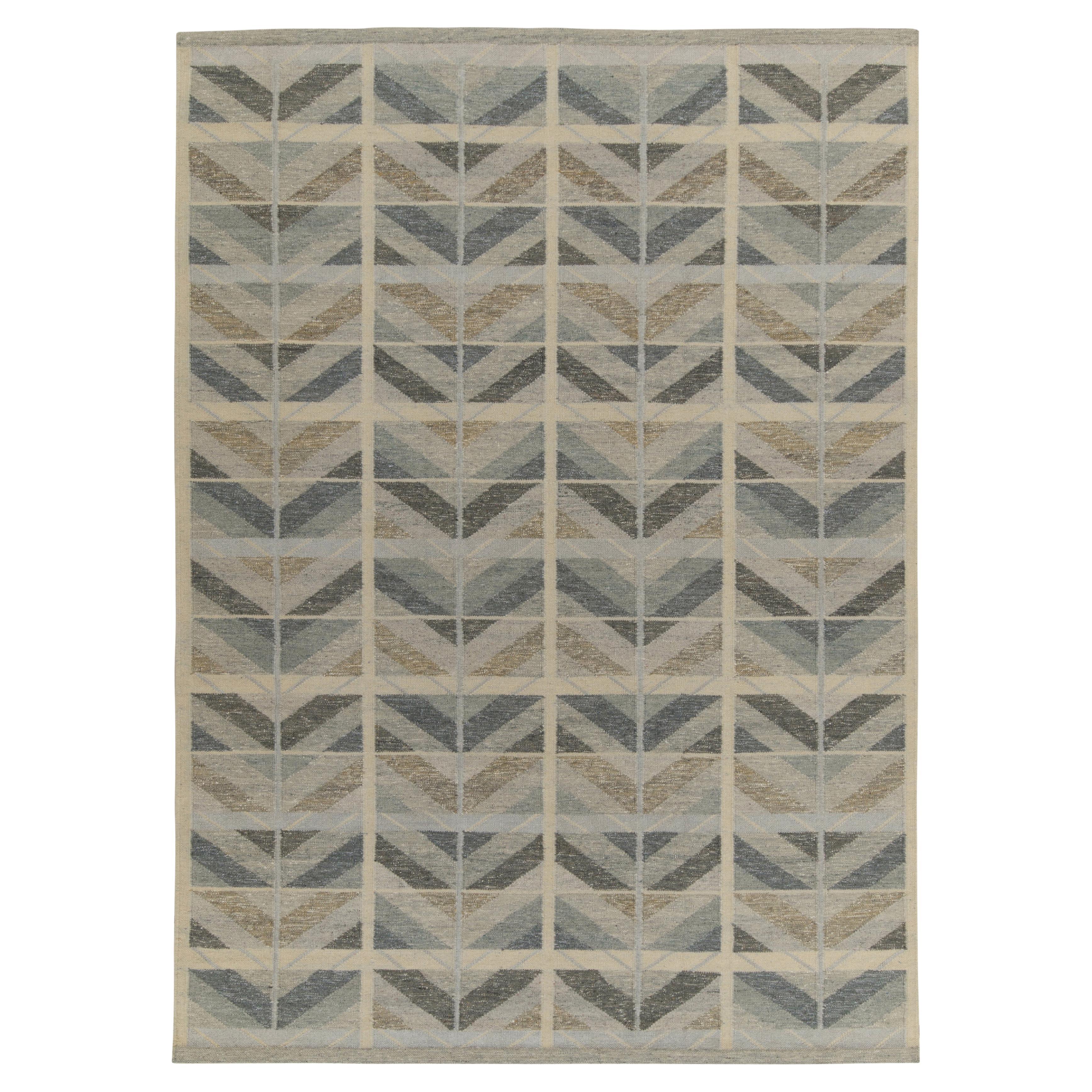 Rug & Kilim’s Scandinavian Style Kilim in Grey, Beige and Blue Chevron Patterns For Sale