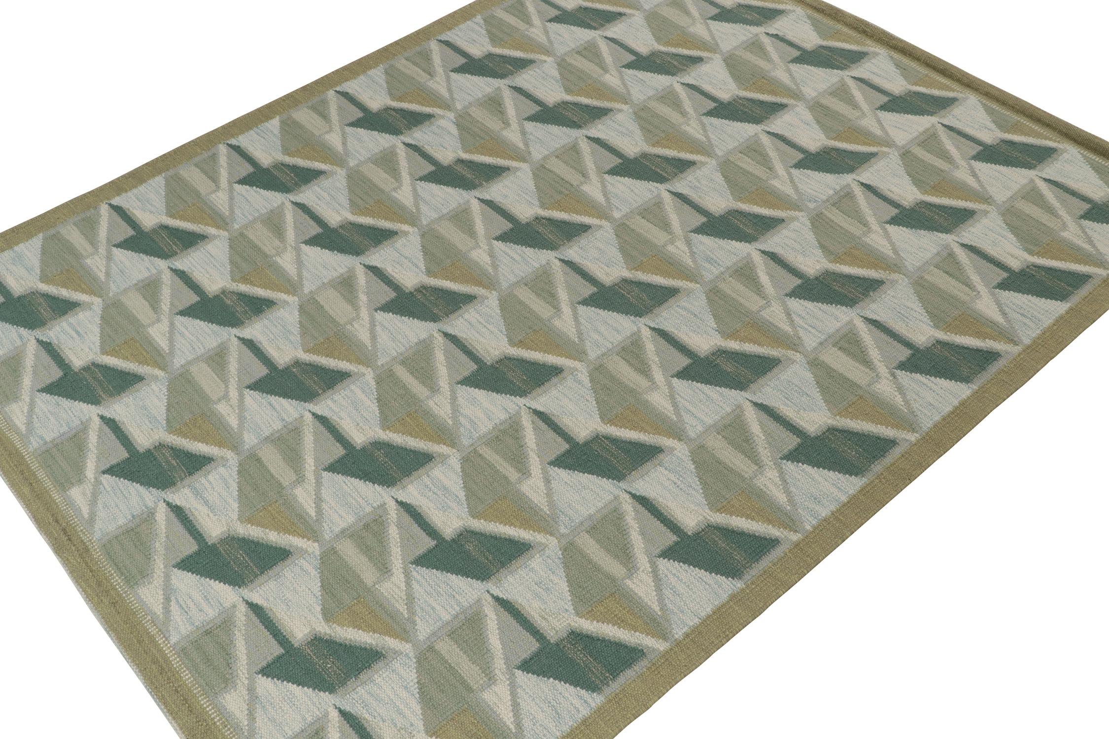 Un élégant kilim 8x10 de style suédois, issu de notre collection primée de tissage plat scandinave. Tissé à la main en laine. 
Plus loin dans le Design : 
Ce tapis présente une grande finesse de détails et de dimensions, avec des motifs