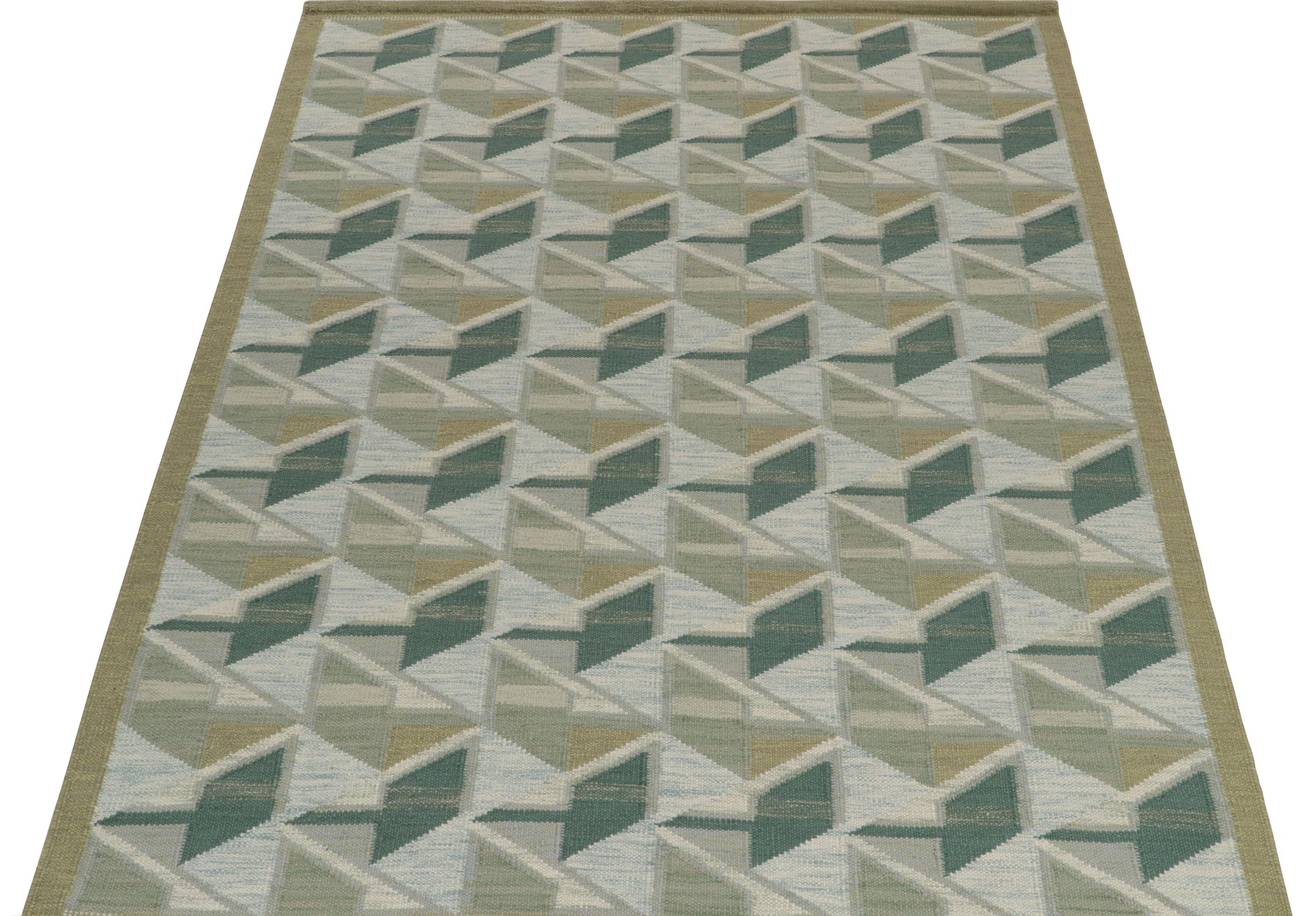 Scandinave moderne Rug & Kilim's Scandinavian Style Kilim in Gray, Beige and Blue Geometric Pattern (Kilim de style scandinave à motif géométrique gris, beige et bleu) en vente